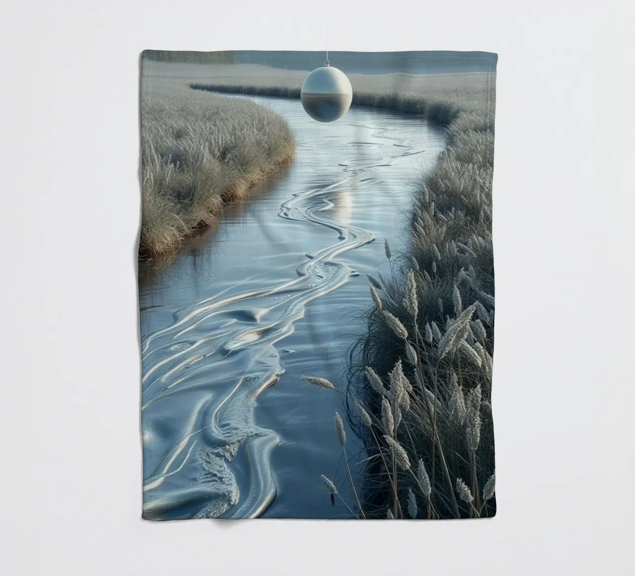 Paesaggio onirico sereno: Il riflesso di una sfera d'argento coperta in pile da Artistic-shop