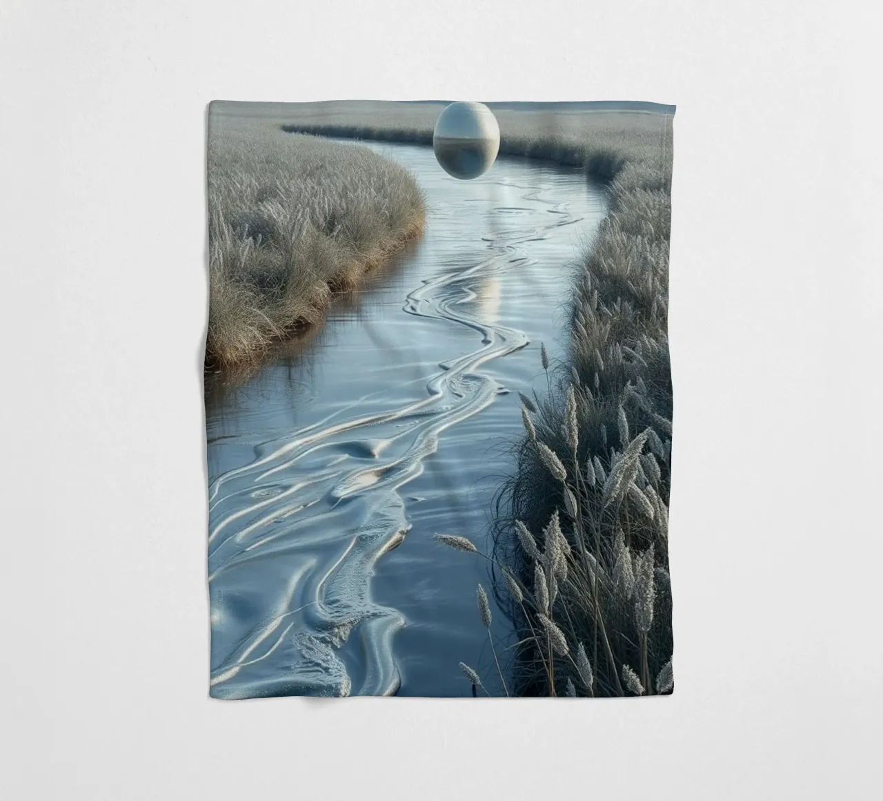 Paesaggio onirico sereno: Il riflesso di una sfera d'argento coperta in pile da Artistic-shop