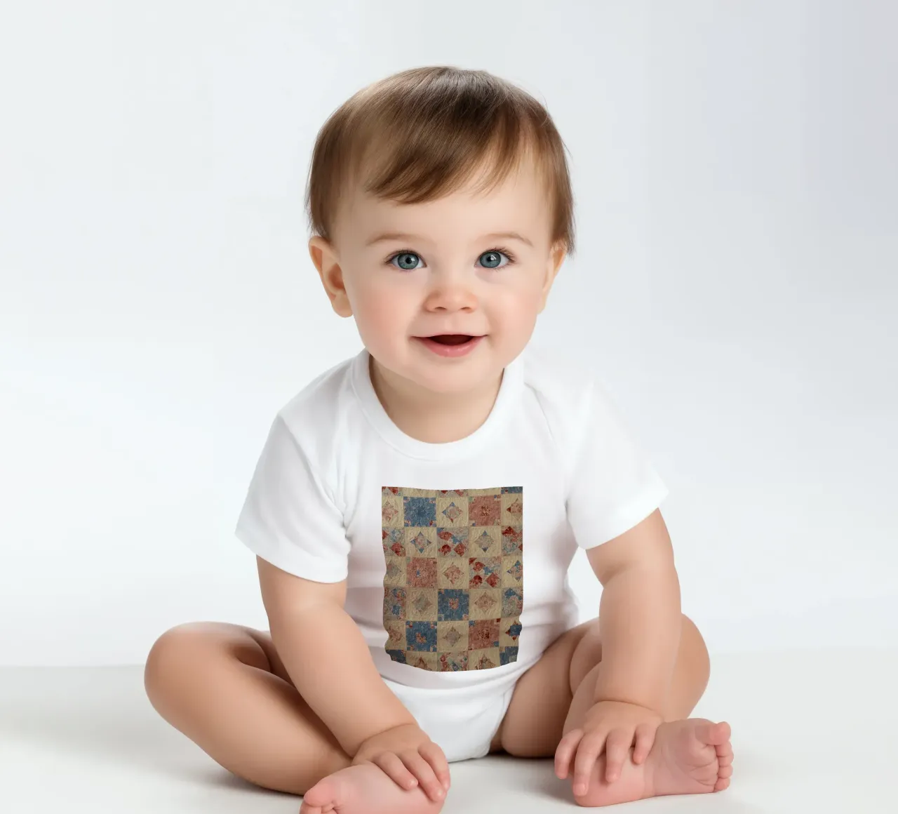 Quilted Fabric with Geometric and Floral Patterns short-sleeve baby romper by DesignDoodle