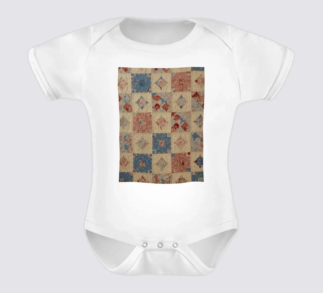 Quilted Fabric with Geometric and Floral Patterns short-sleeve baby romper by DesignDoodle