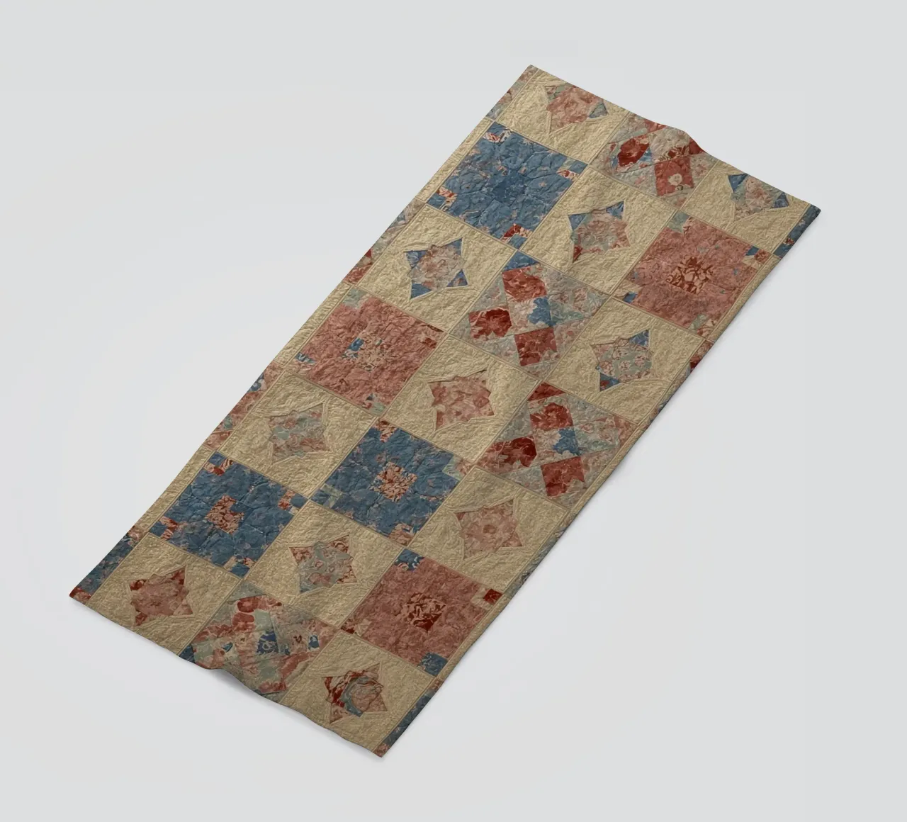 Quilted Fabric with Geometric and Floral Patterns beach towel by DesignDoodle