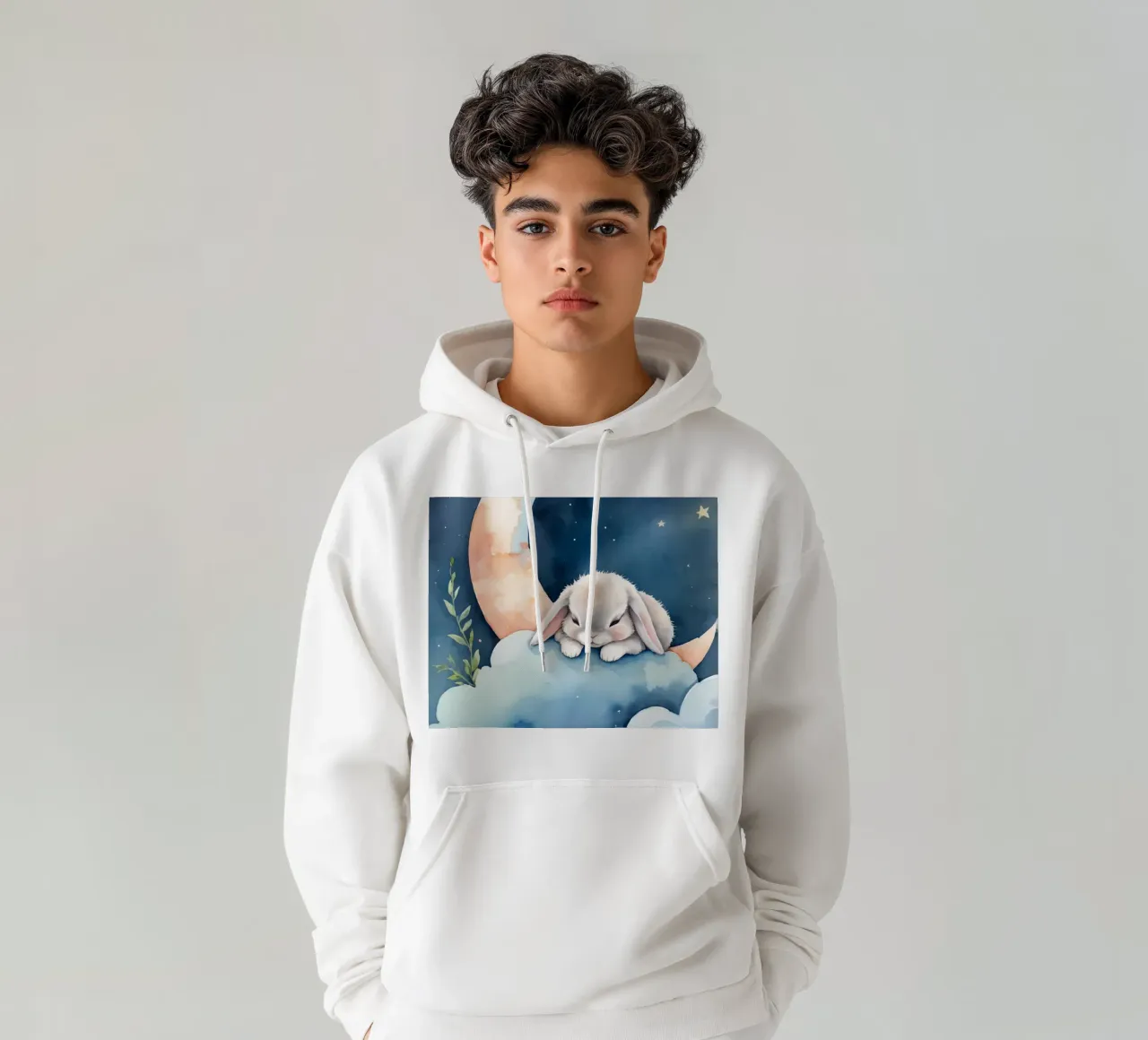 Coniglio che dorme su una nuvola con luna crescente e stelle felpa con cappuccio da DesignDoodle