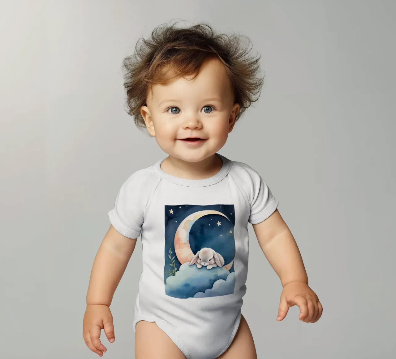 Rabbit sleeping on cloud with crescent moon and stars short-sleeve baby romper by DesignDoodle