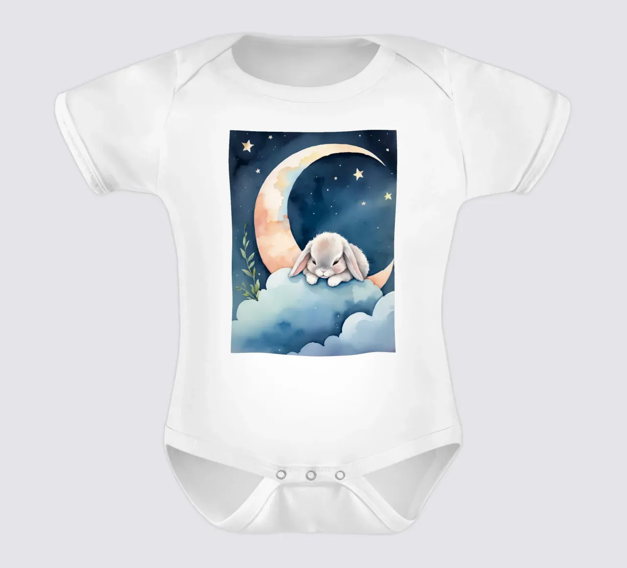 Rabbit sleeping on cloud with crescent moon and stars short-sleeve baby romper by DesignDoodle