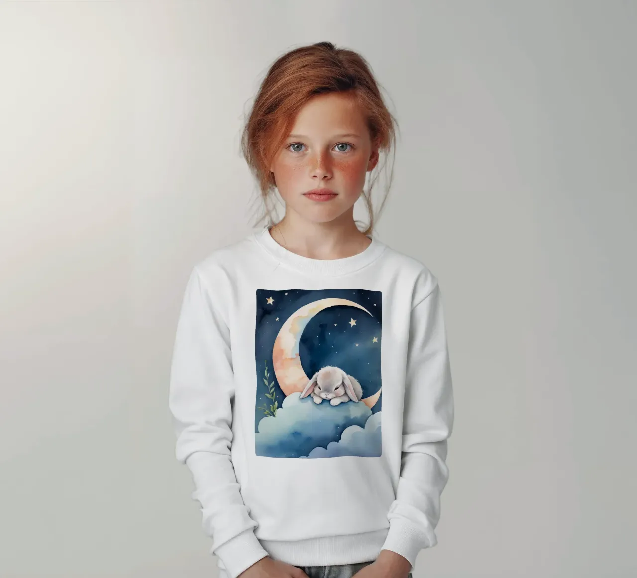 Conejo durmiendo en una nube con luna creciente y estrellas sudadera para niño de DesignDoodle