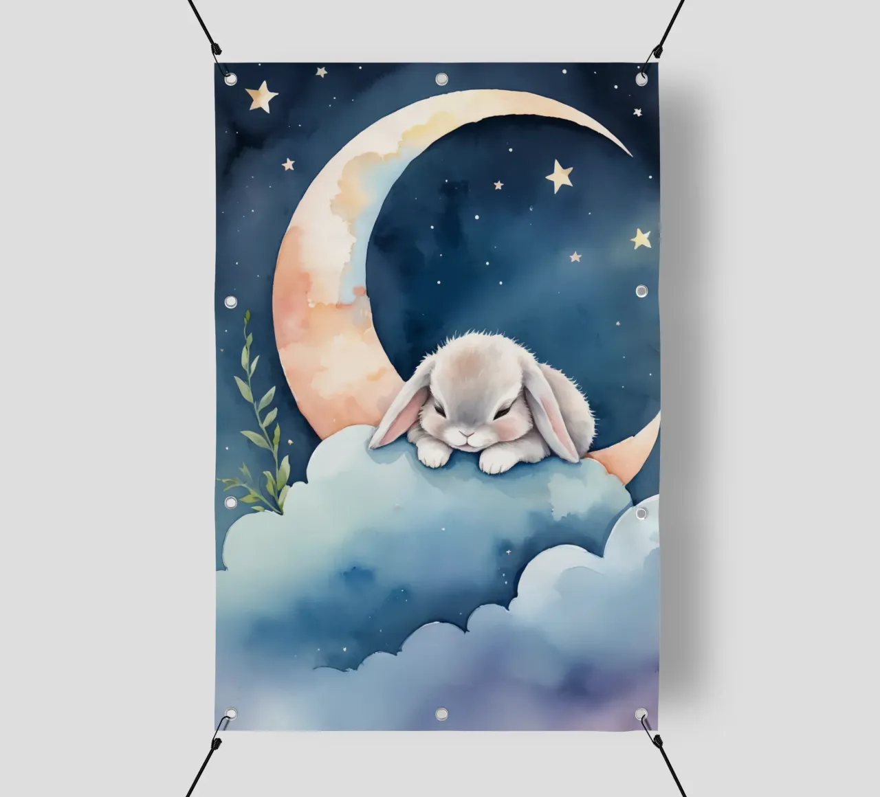 Coniglio che dorme su una nuvola con luna crescente e stelle telo in pvc da DesignDoodle
