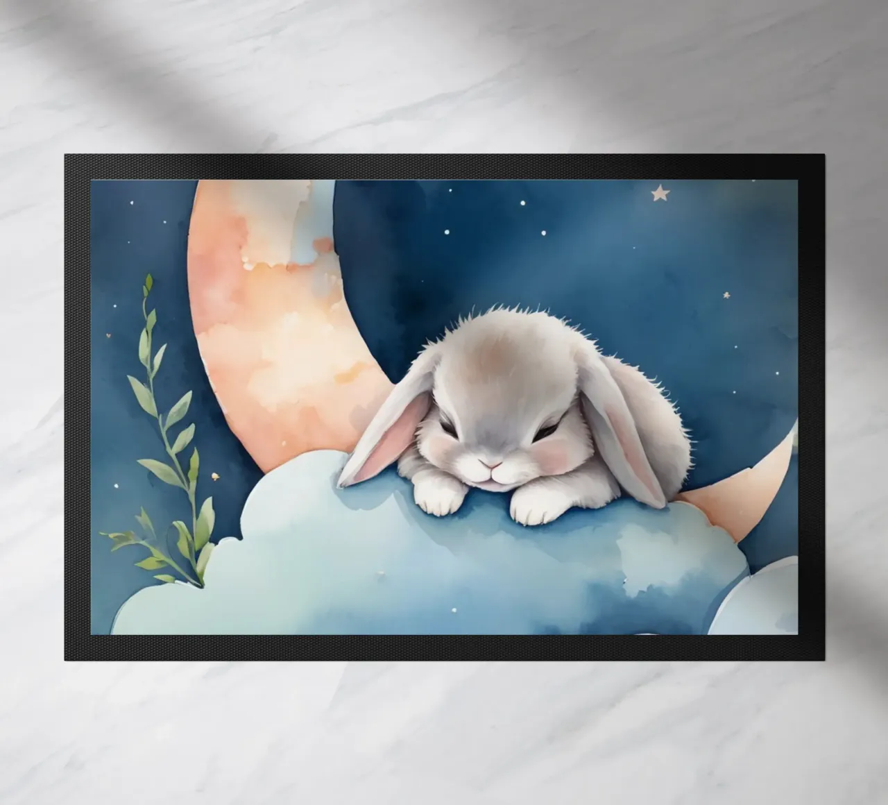 Coniglio che dorme su una nuvola con luna crescente e stelle zerbino da DesignDoodle