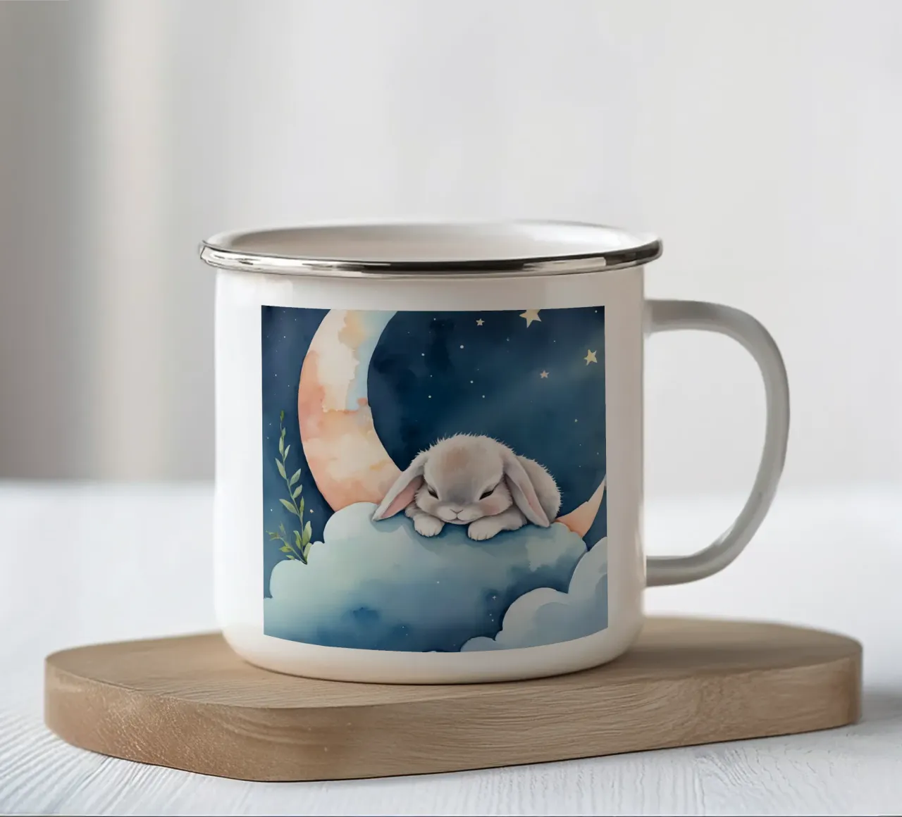 Rabbit sleeping on cloud with crescent moon and stars enamel mug by DesignDoodle
