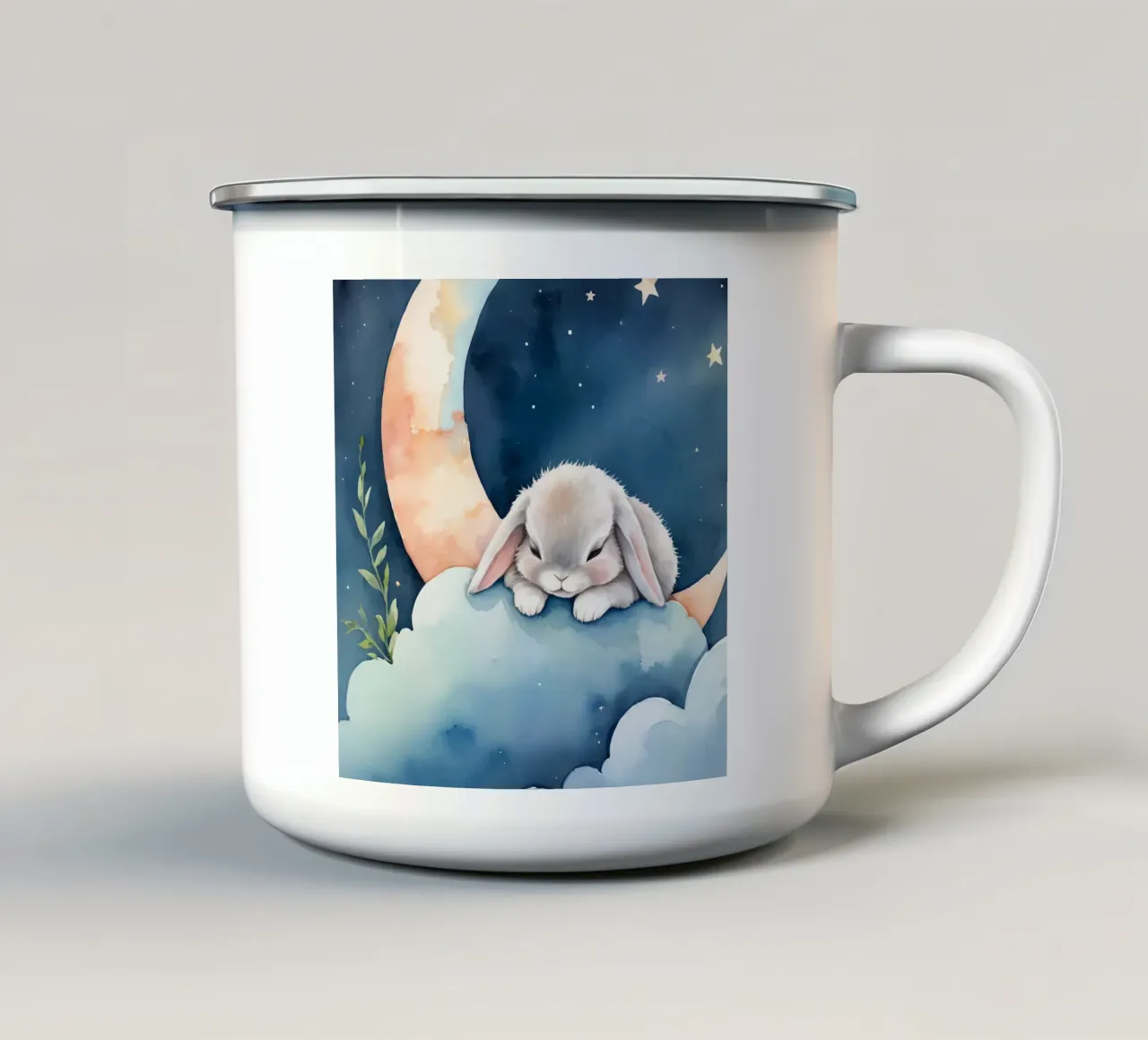 Rabbit sleeping on cloud with crescent moon and stars enamel mug by DesignDoodle