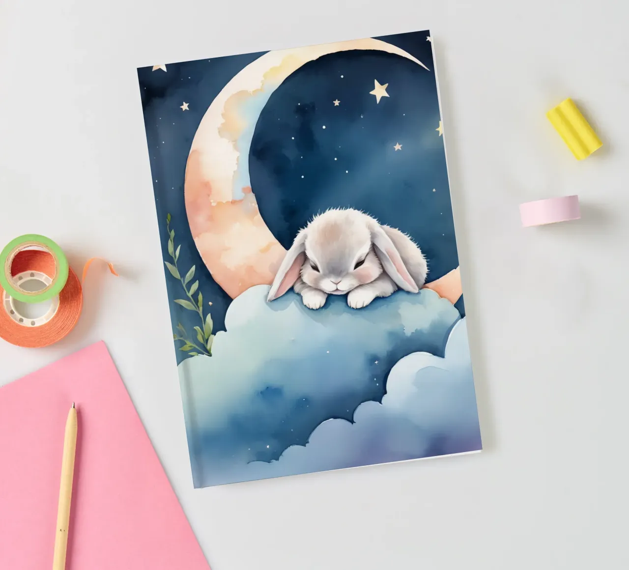 Lapin dormant sur un nuage avec un croissant de lune et des étoiles carnet de notes de DesignDoodle