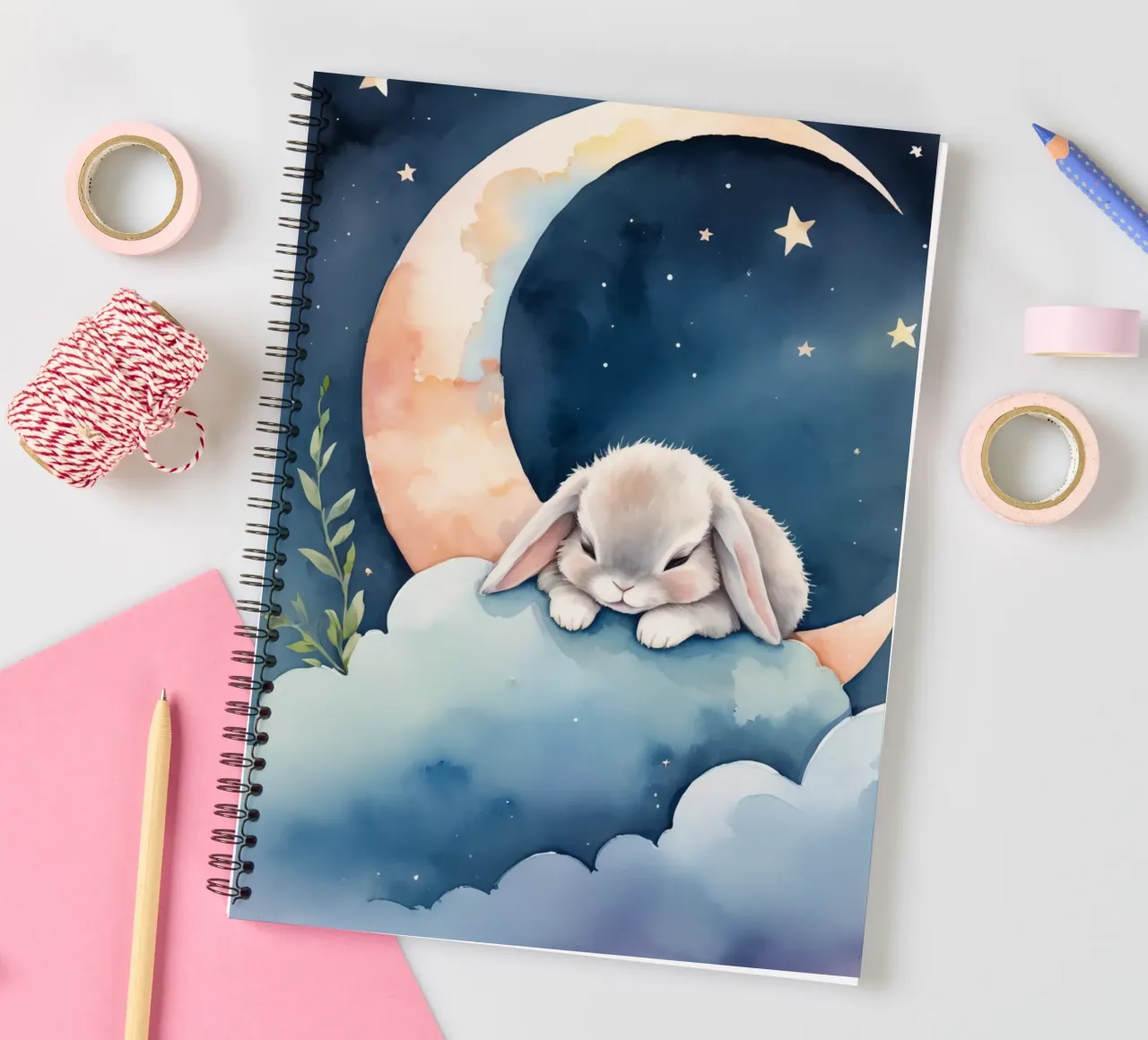 Rabbit sleeping on cloud with crescent moon and stars spiral notebook by DesignDoodle