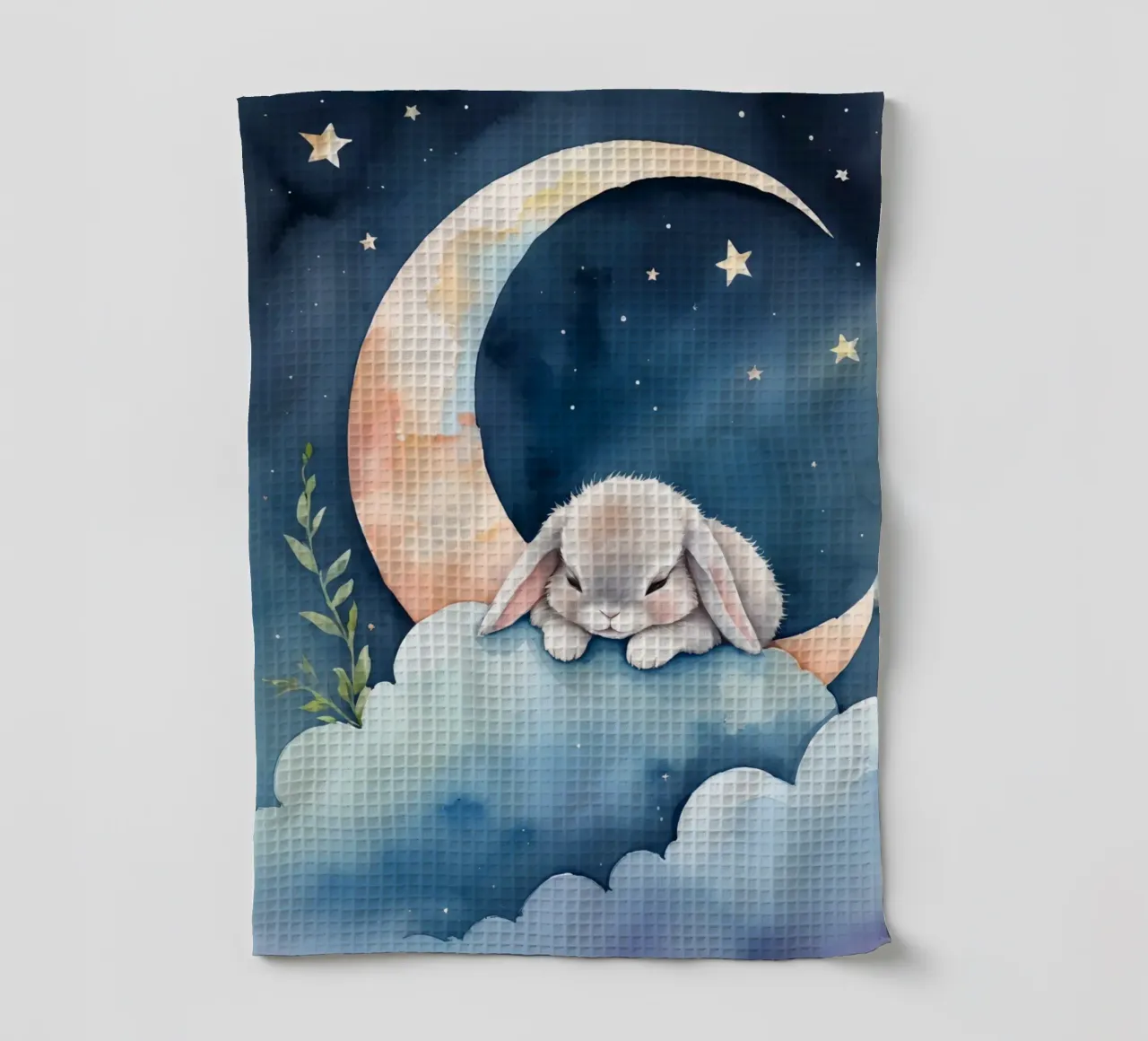 Lapin dormant sur un nuage avec un croissant de lune et des étoiles torchon de DesignDoodle