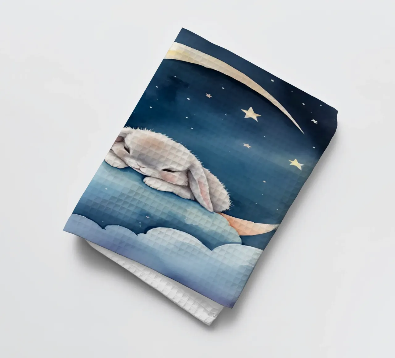 Lapin dormant sur un nuage avec un croissant de lune et des étoiles torchon de DesignDoodle