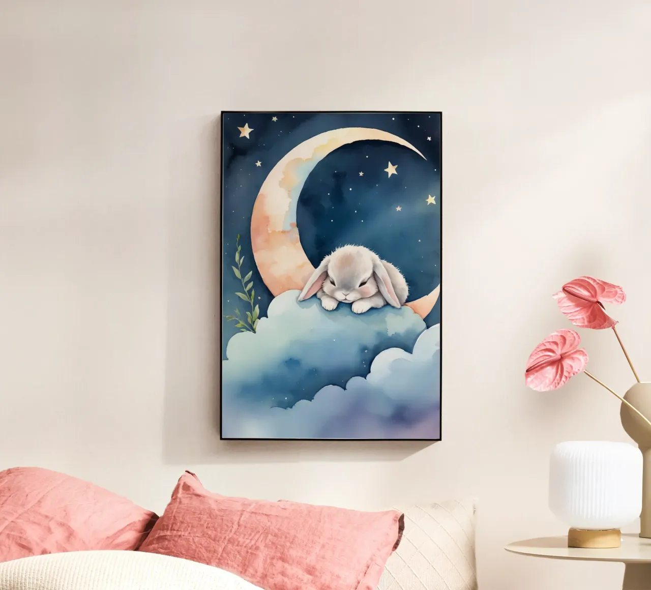 Conejo durmiendo en una nube con luna creciente y estrellas metacrilato de DesignDoodle