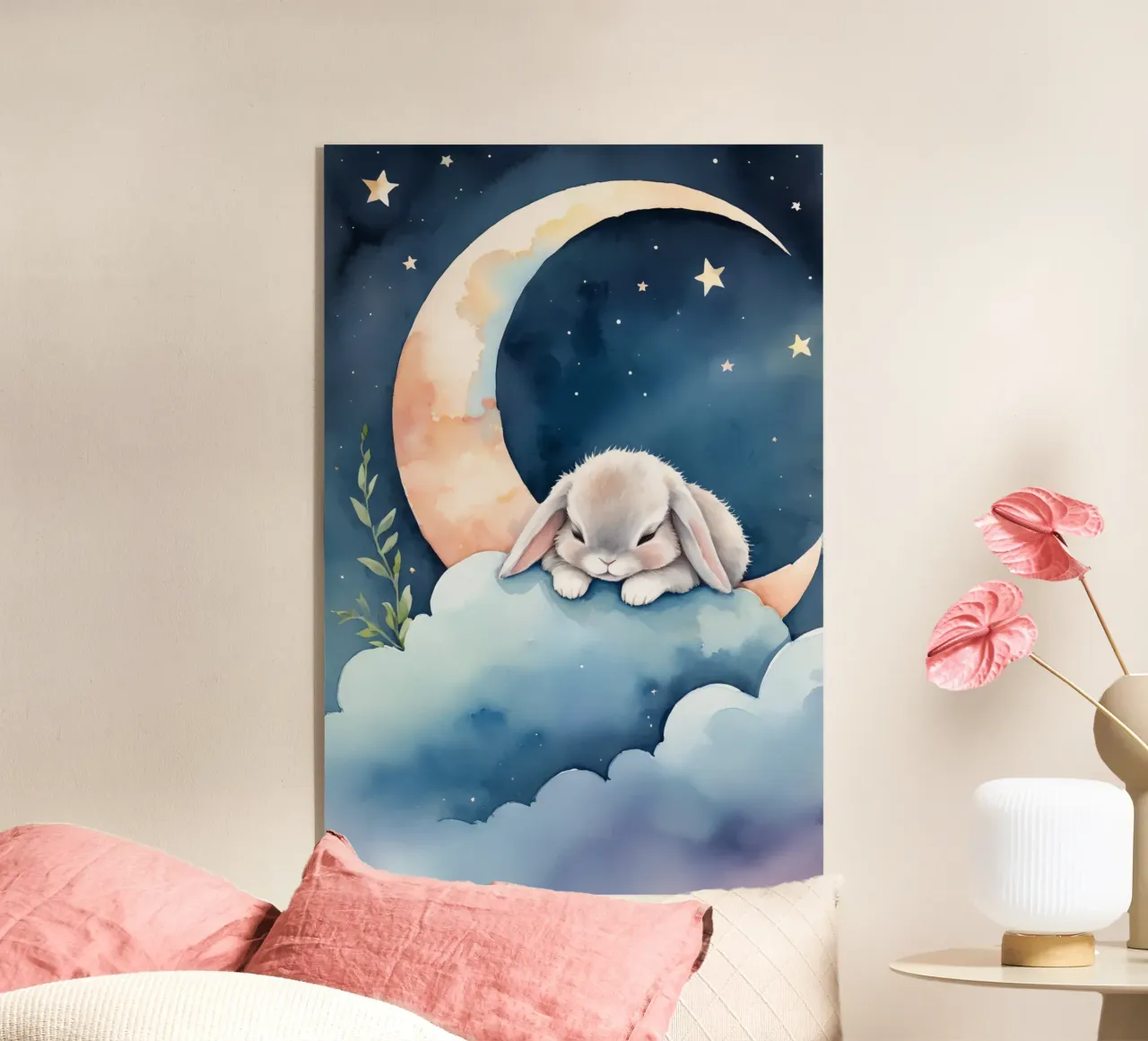 Conejo durmiendo en una nube con luna creciente y estrellas metacrilato de DesignDoodle