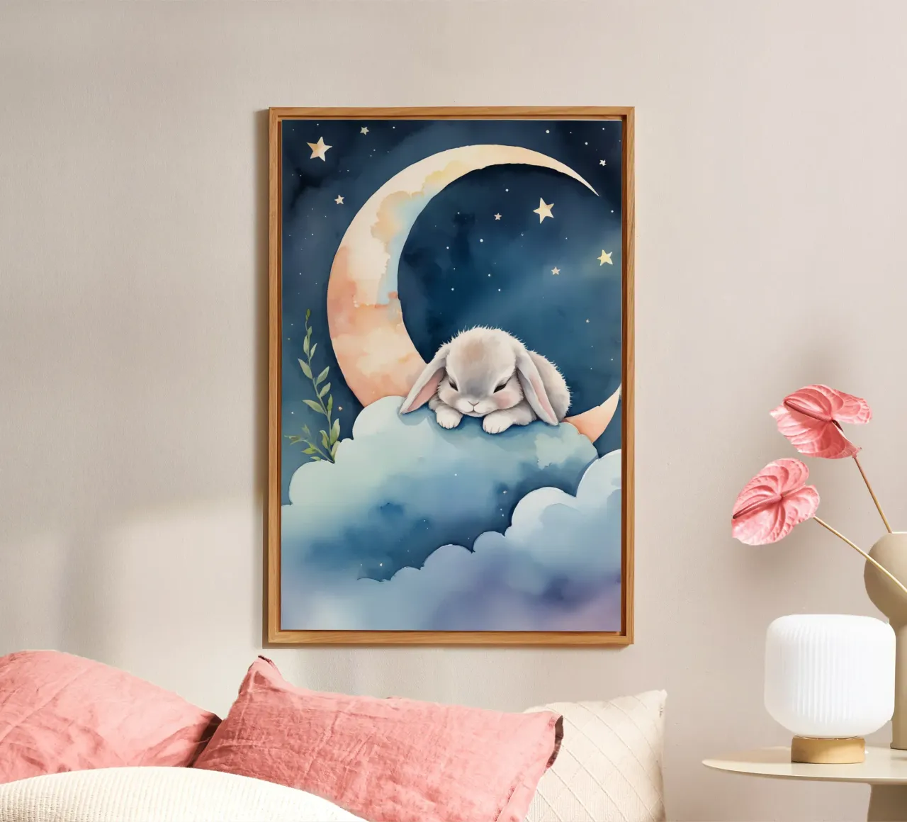 Coniglio che dorme su una nuvola con luna crescente e stelle pannello forex da DesignDoodle
