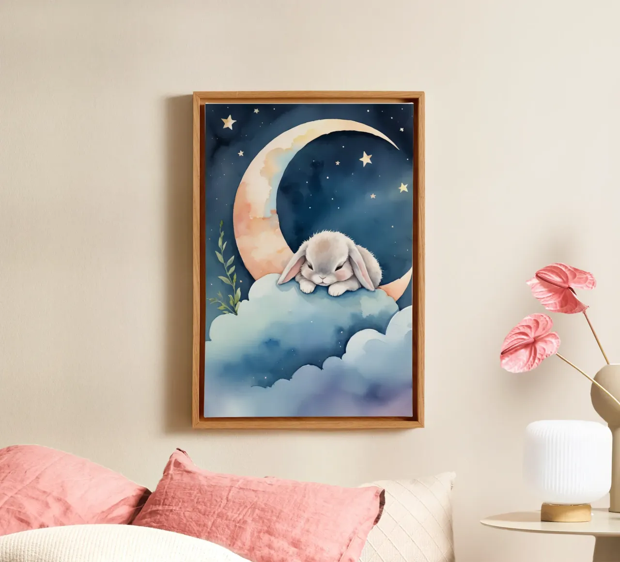 Coniglio che dorme su una nuvola con luna crescente e stelle tela da DesignDoodle