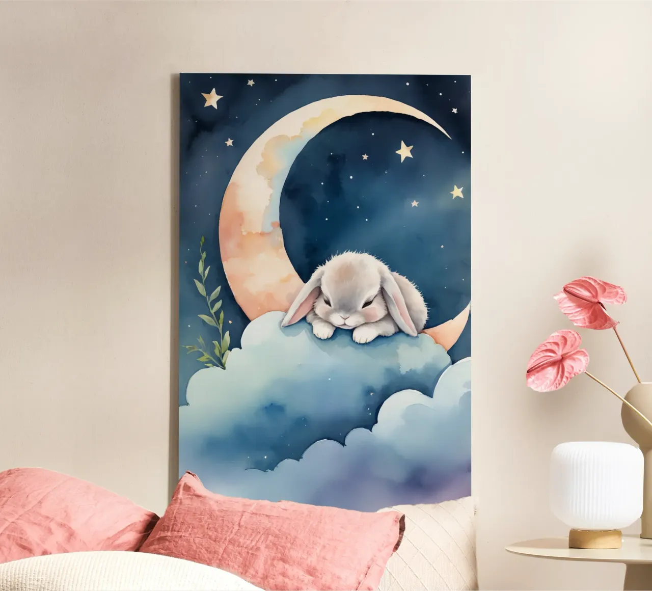 Coniglio che dorme su una nuvola con luna crescente e stelle tela da DesignDoodle