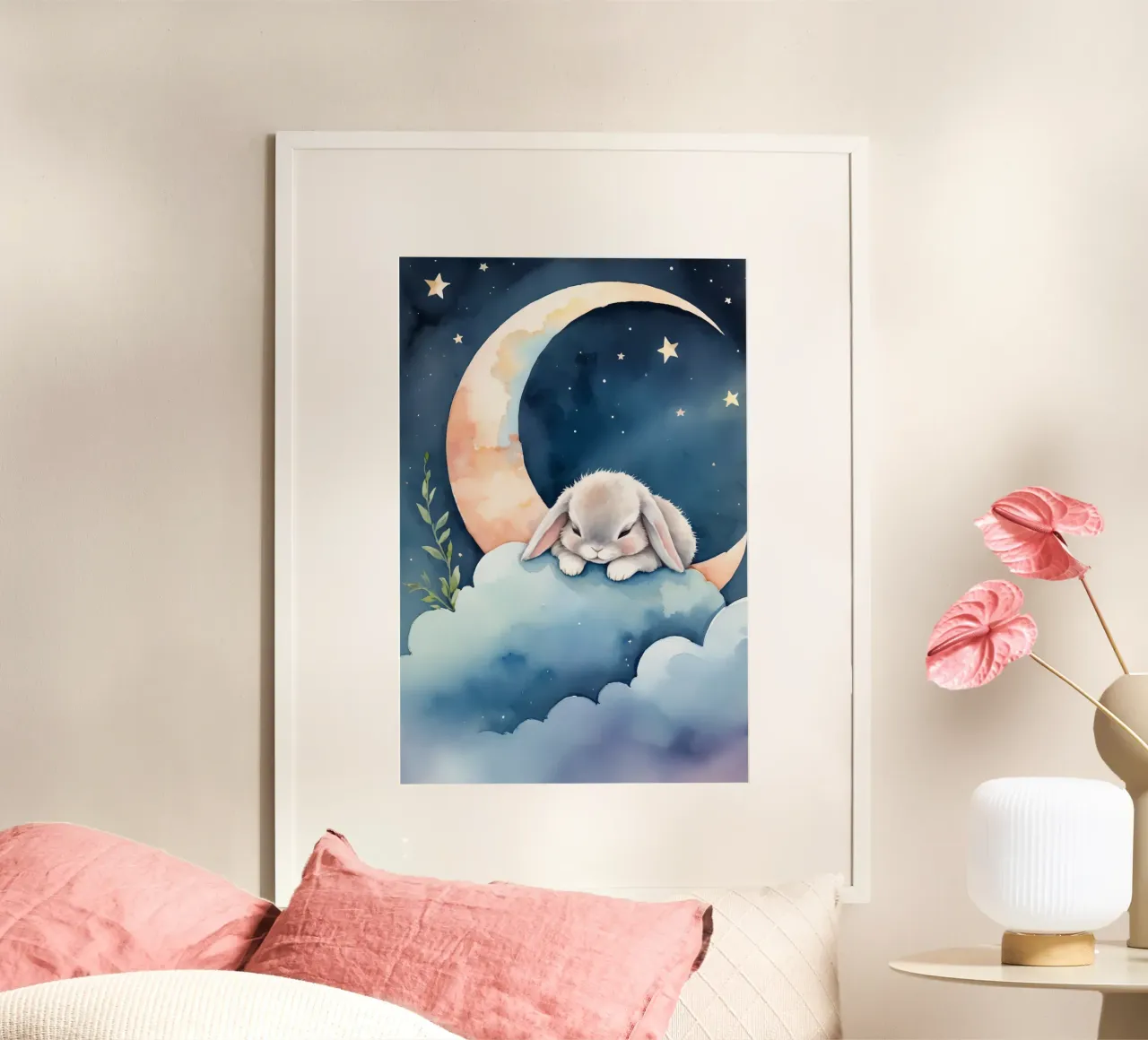 Kaninchen schlafend auf Wolke mit Mondsichel und Sternen Hahnemühle von DesignDoodle
