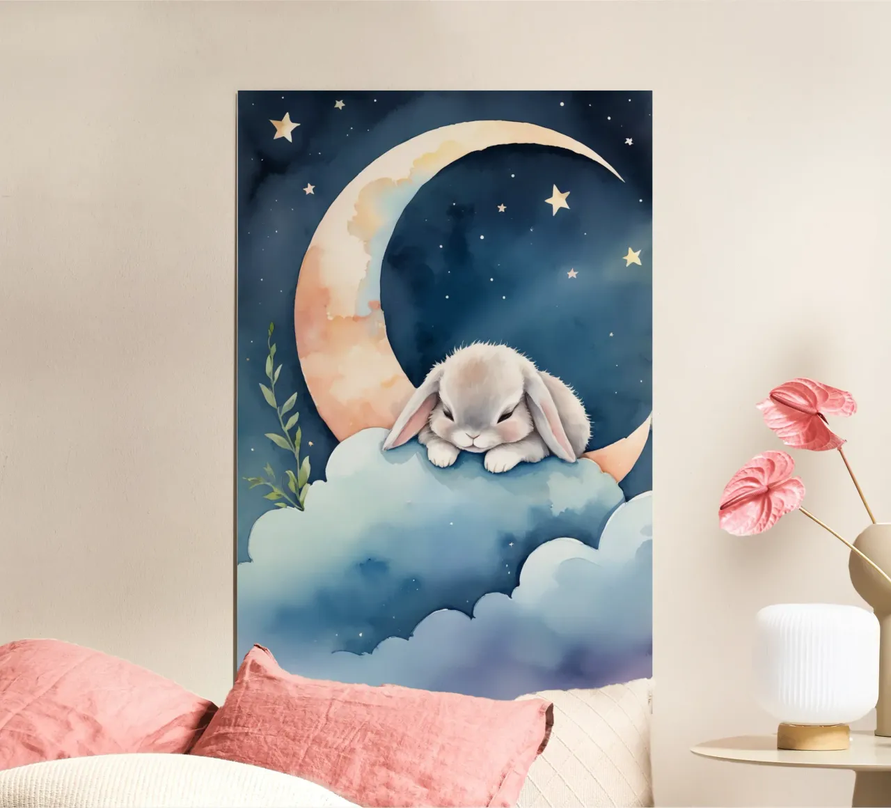 Kaninchen schlafend auf Wolke mit Mondsichel und Sternen Hahnemühle von DesignDoodle