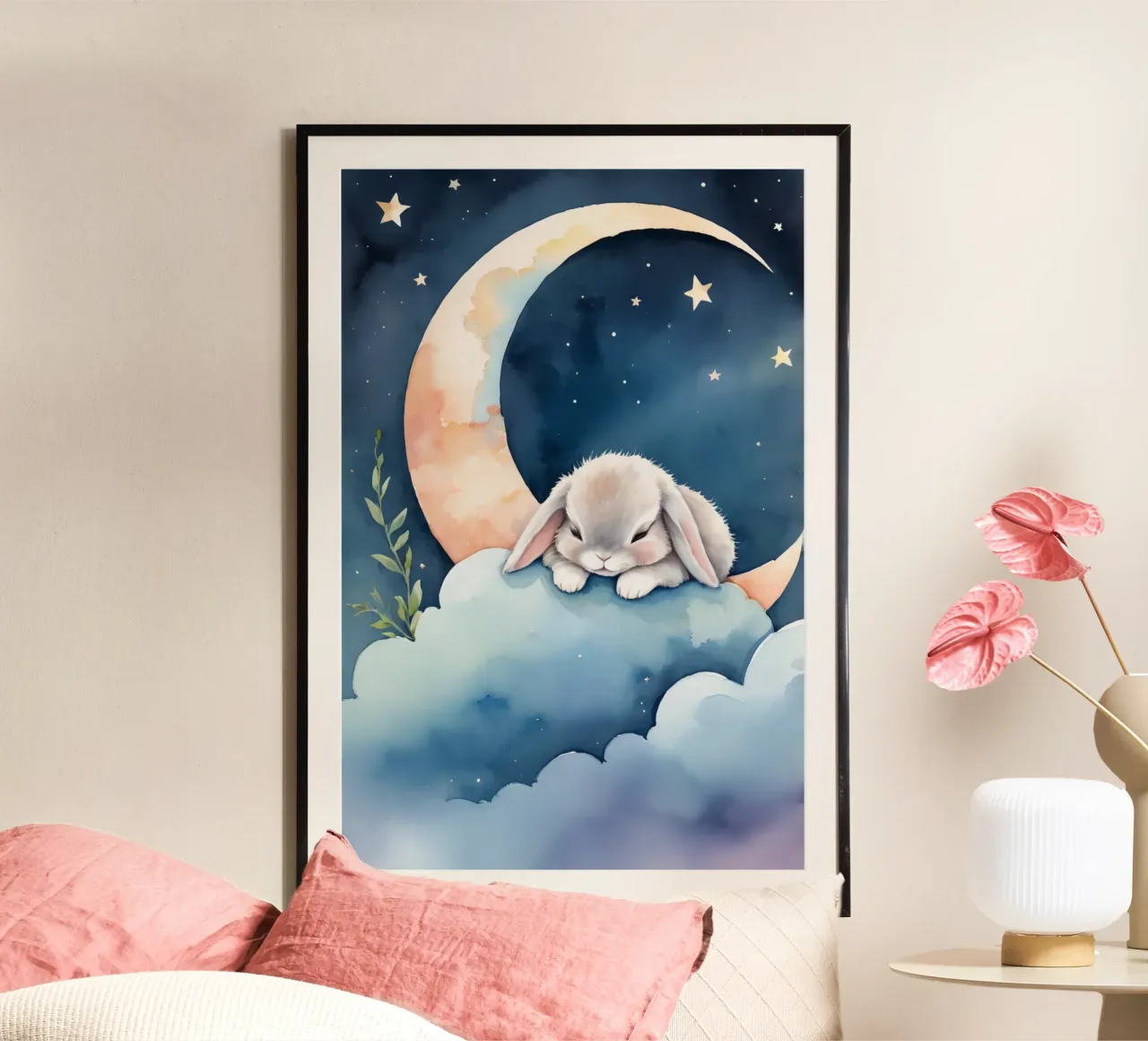 Kaninchen schlafend auf Wolke mit Mondsichel und Sternen Hahnemühle von DesignDoodle