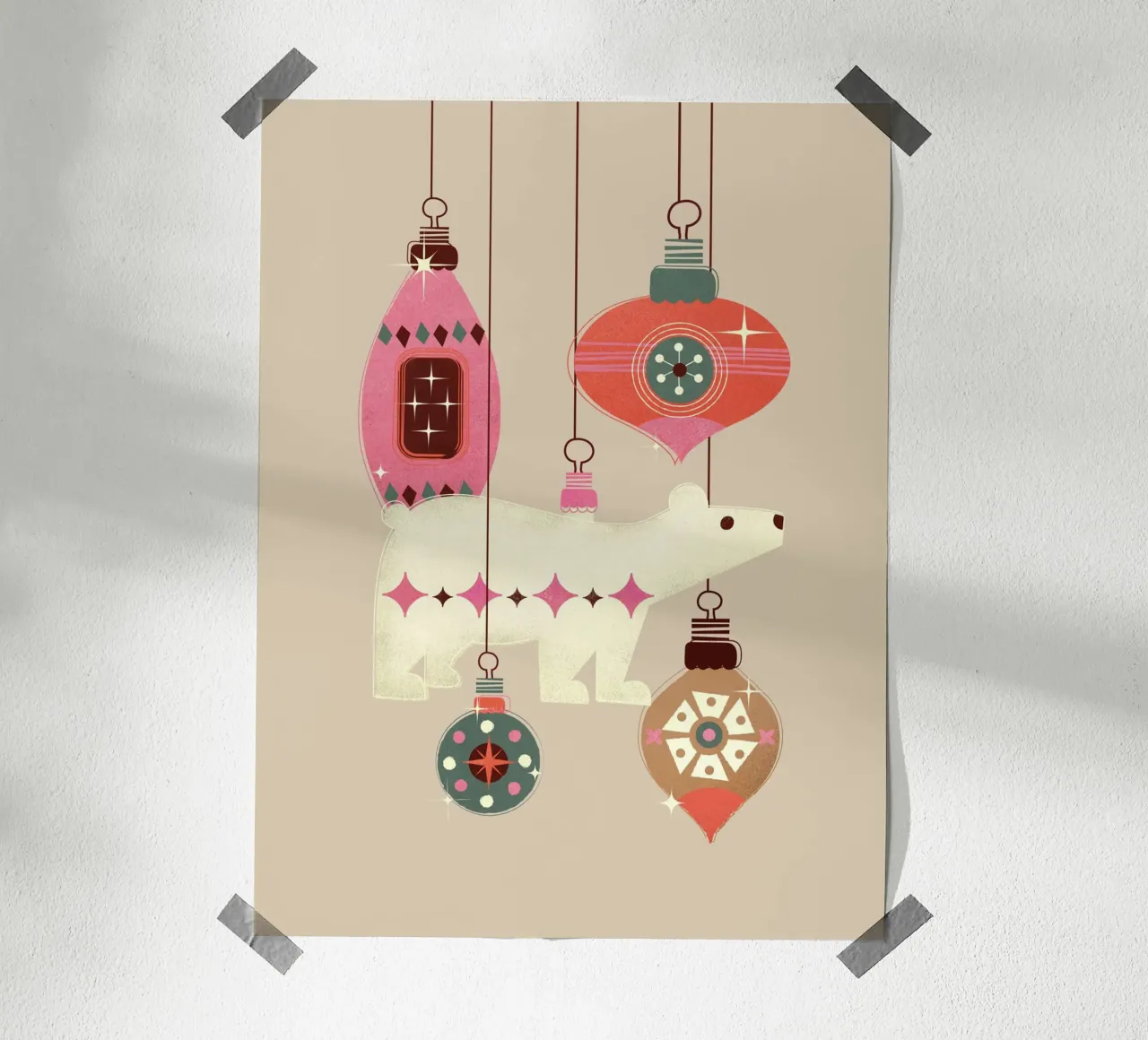 Orso polare e ornamenti natalizi retrò carta hahnemühle da showmemars