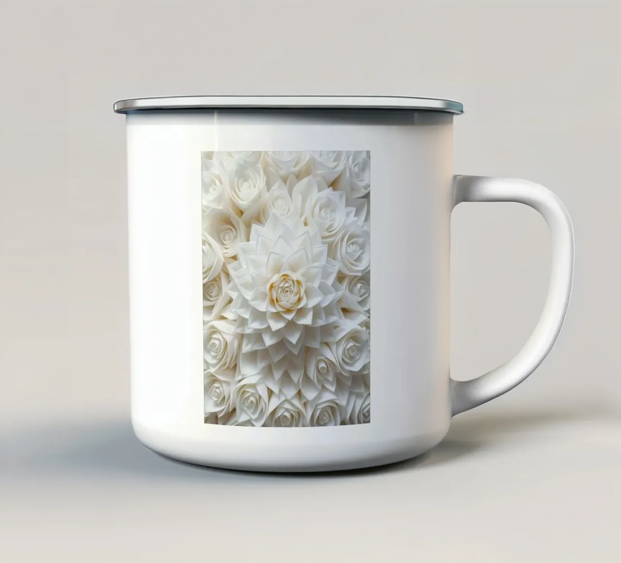 Rose bianche serene: Una composizione floreale delicata e senza tempo tazza in smalto da Artistic-shop
