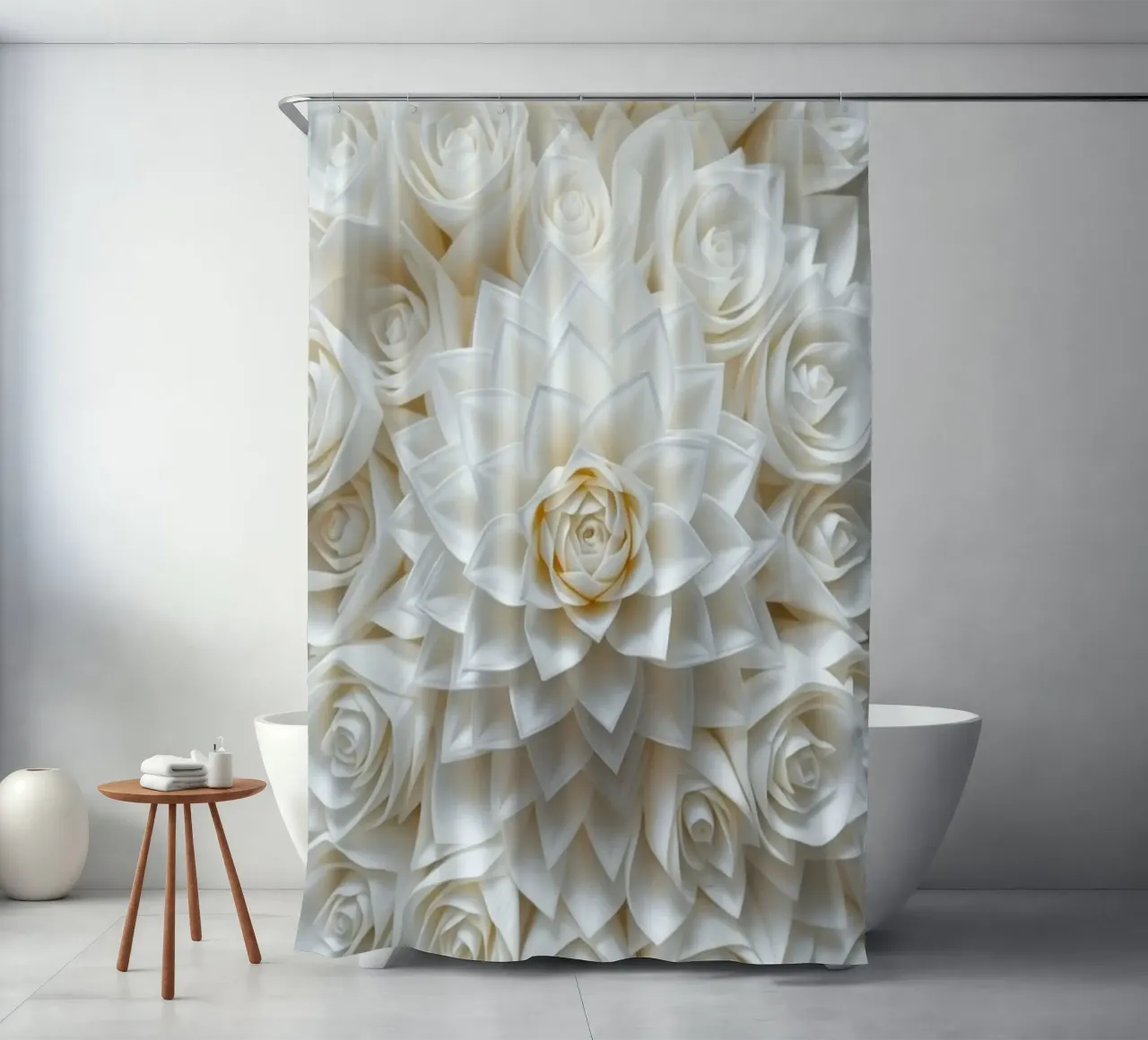 Rose bianche serene: Una composizione floreale delicata e senza tempo tenda da doccia da Artistic-shop