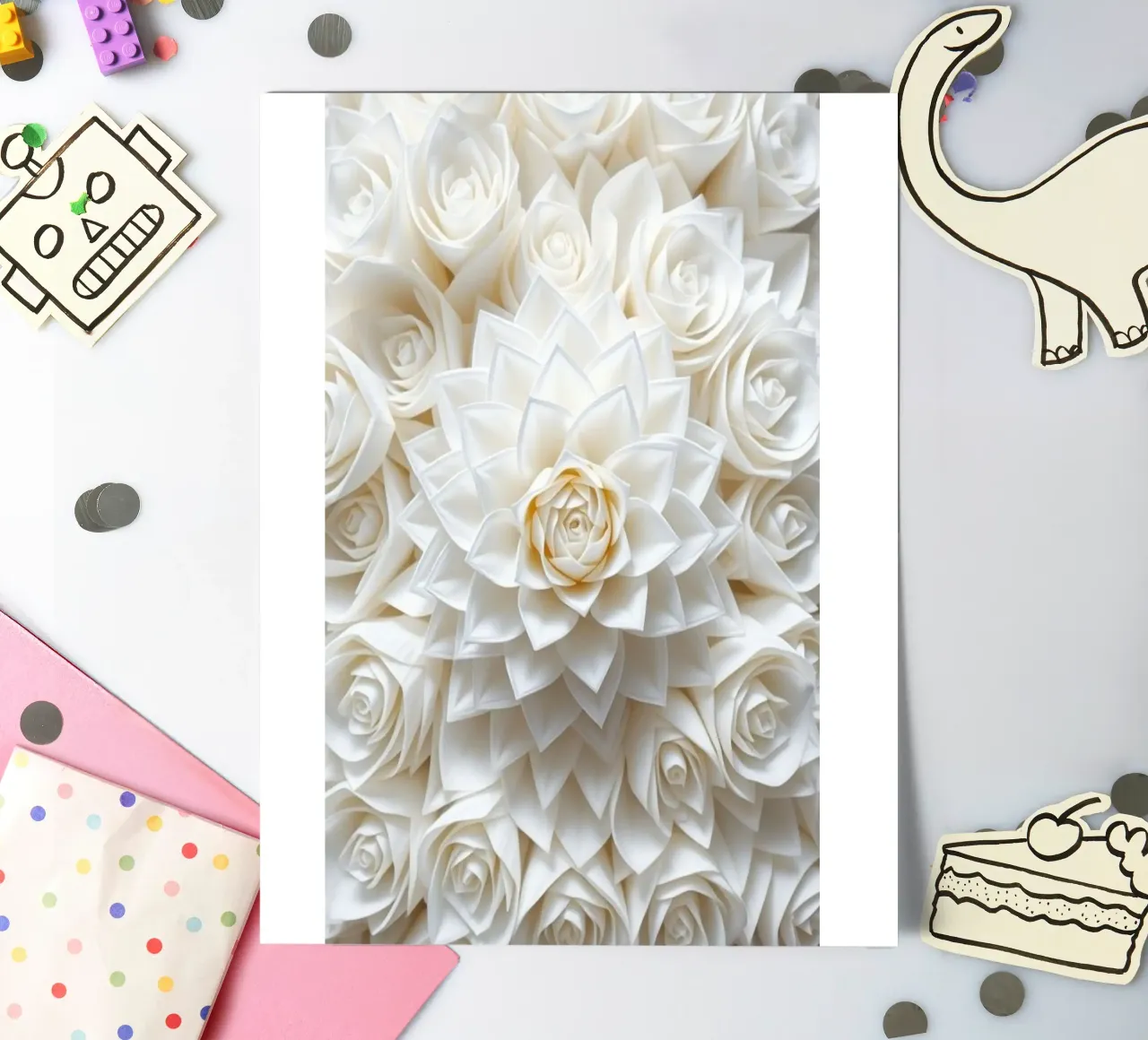 Rose bianche serene: Una composizione floreale delicata e senza tempo foglio adesivo da Artistic-shop