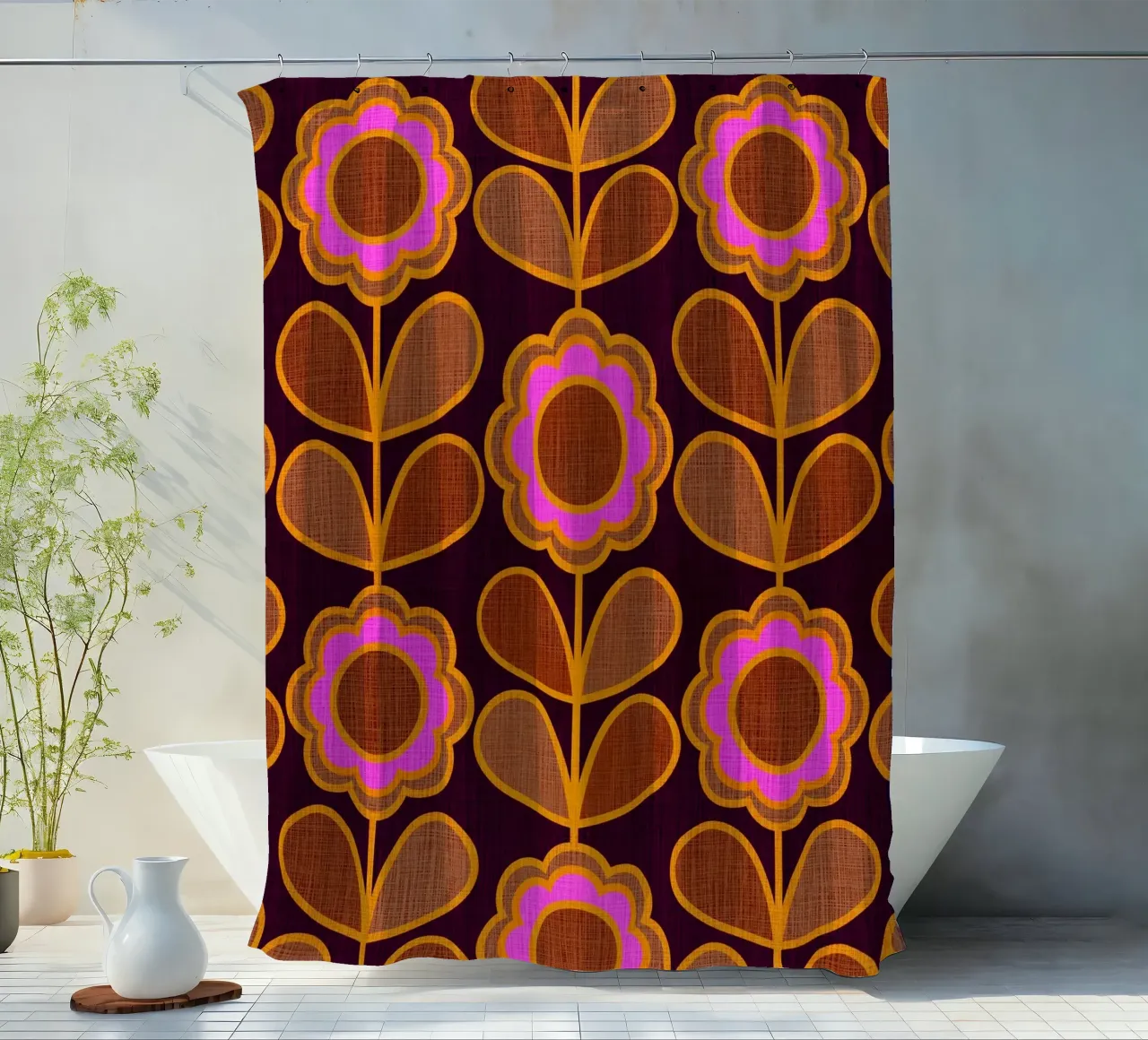 Modello Mid-Mod Daisy - Audace rosa autunnale e floreale marrone tenda da doccia da Dominique Vari
