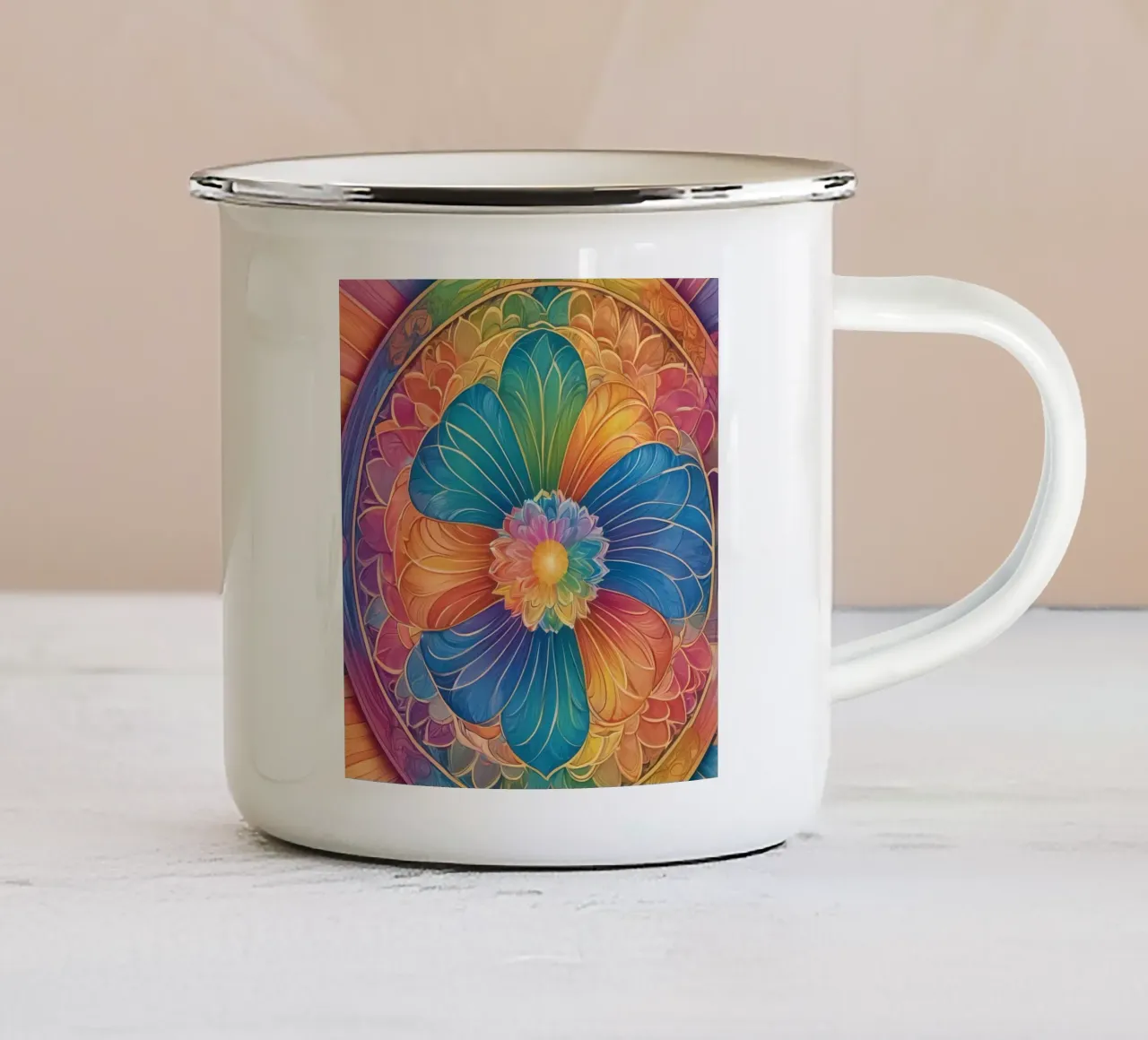 Mandala astratto arcobaleno tazza in smalto da DesignDoodle