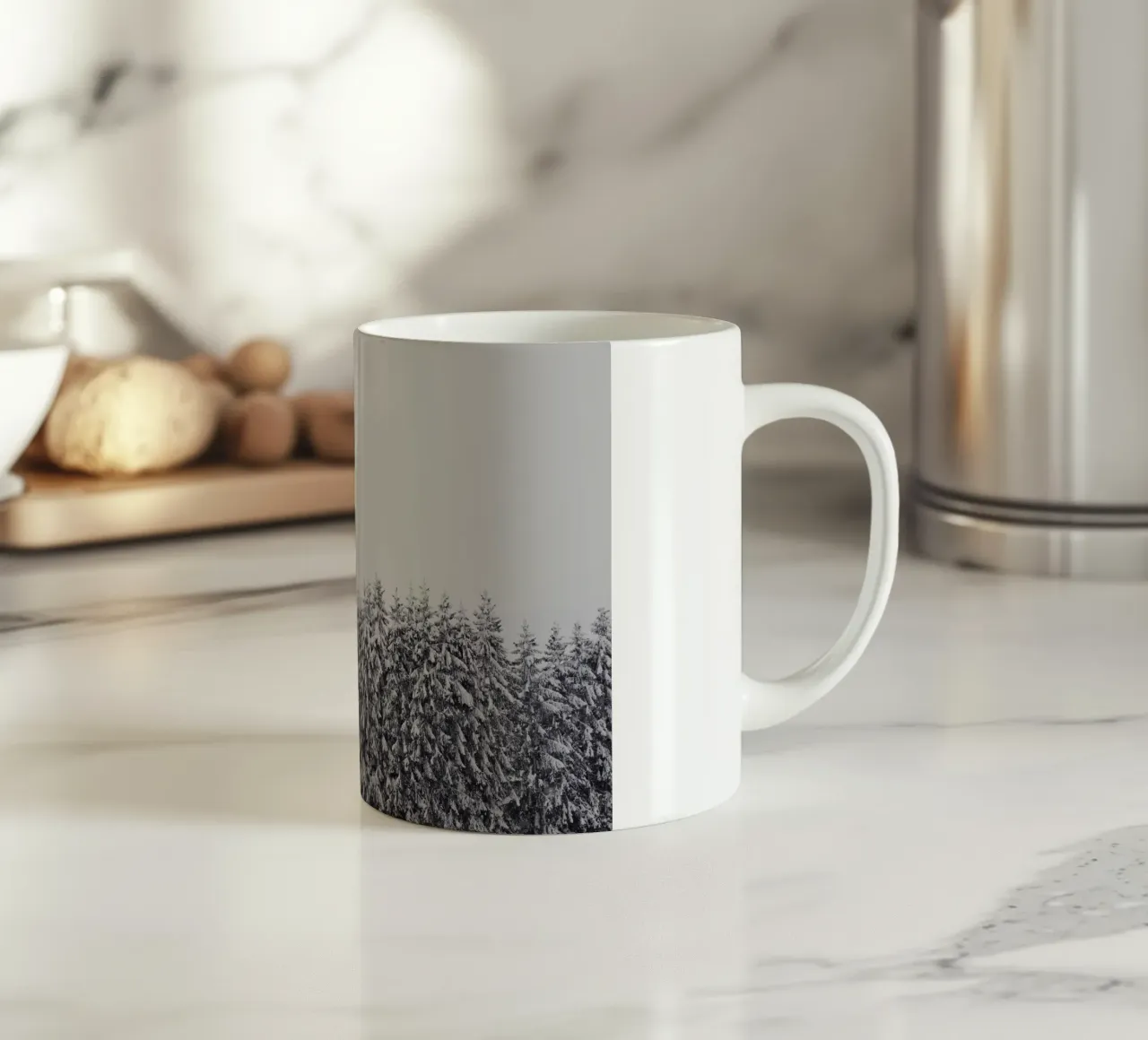 Snow-covered trees ceramic mug by Fjöllart