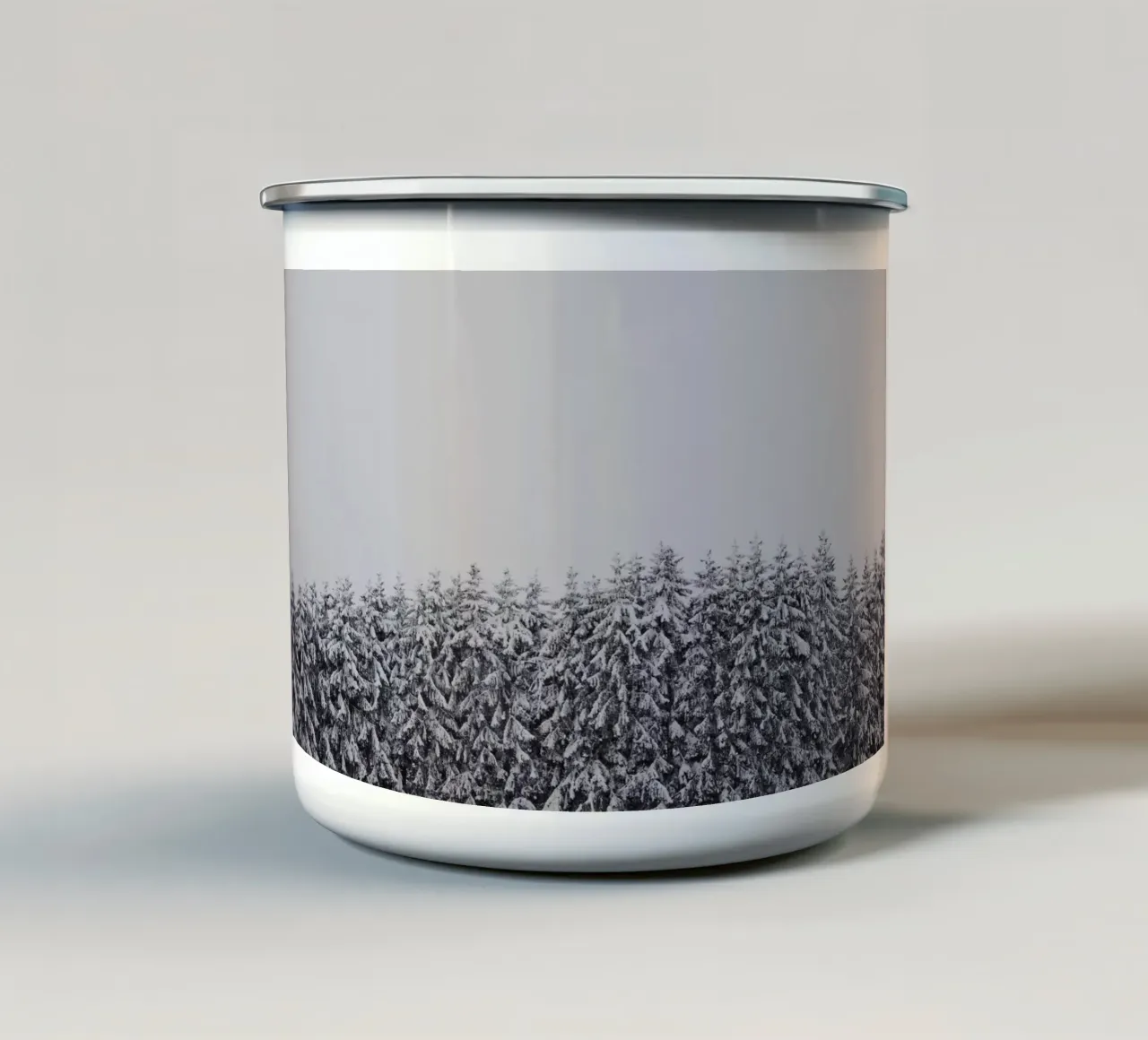 Snow-covered trees enamel mug by Fjöllart