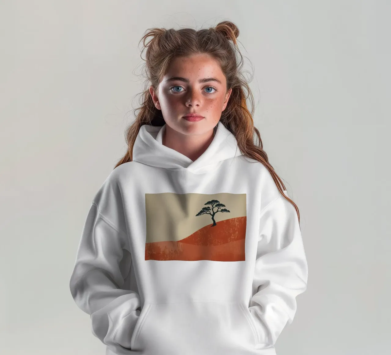 Sole rosso e albero sulle colline felpa bambino con cappuccio da DesignDoodle