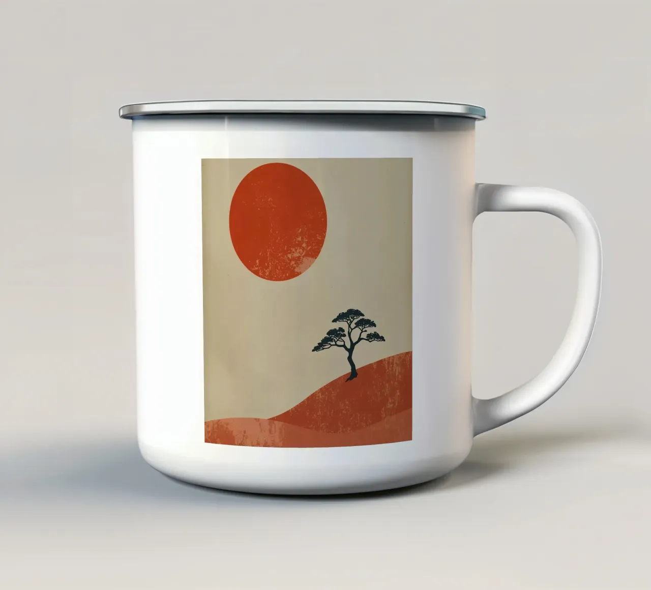 Sole rosso e albero sulle colline tazza in smalto da DesignDoodle