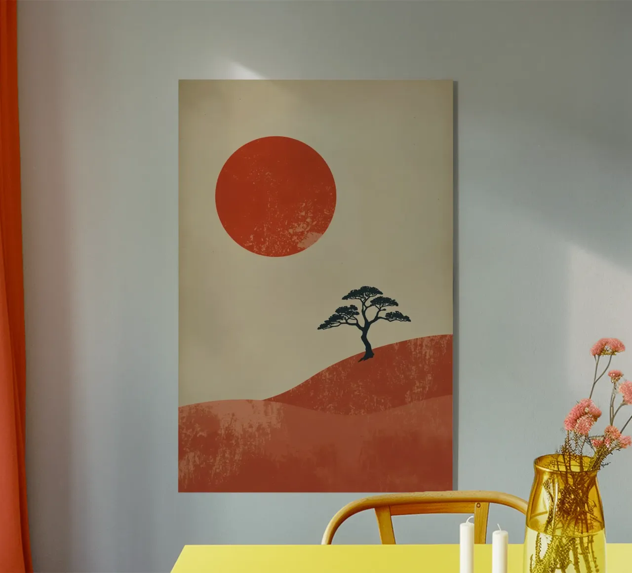 Sole rosso e albero sulle colline plexiglass da DesignDoodle