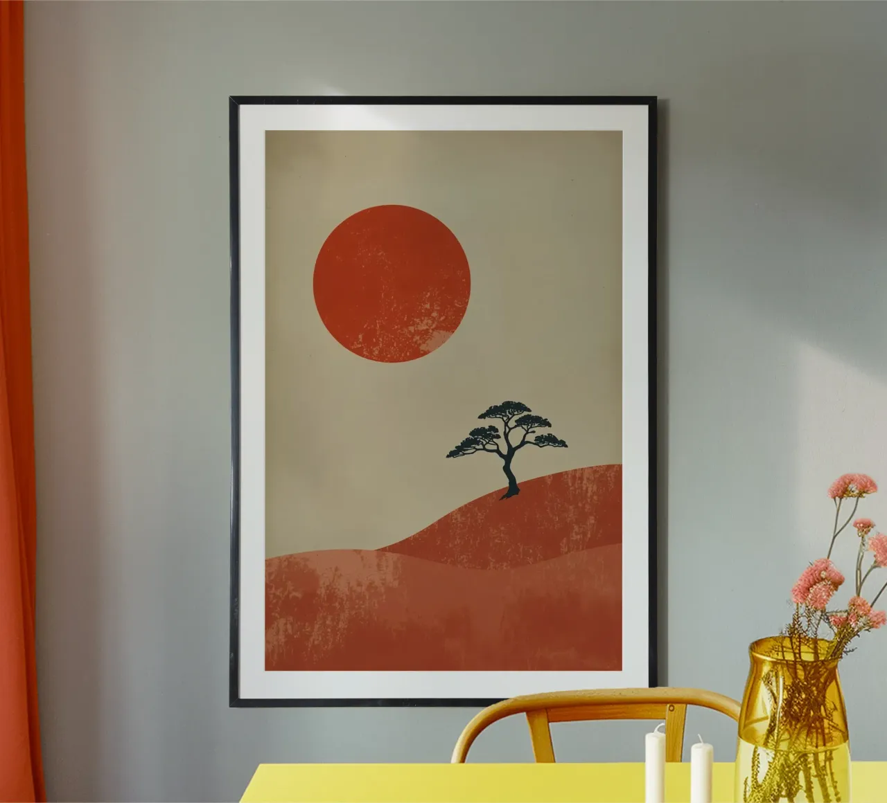 Sole rosso e albero sulle colline poster da DesignDoodle