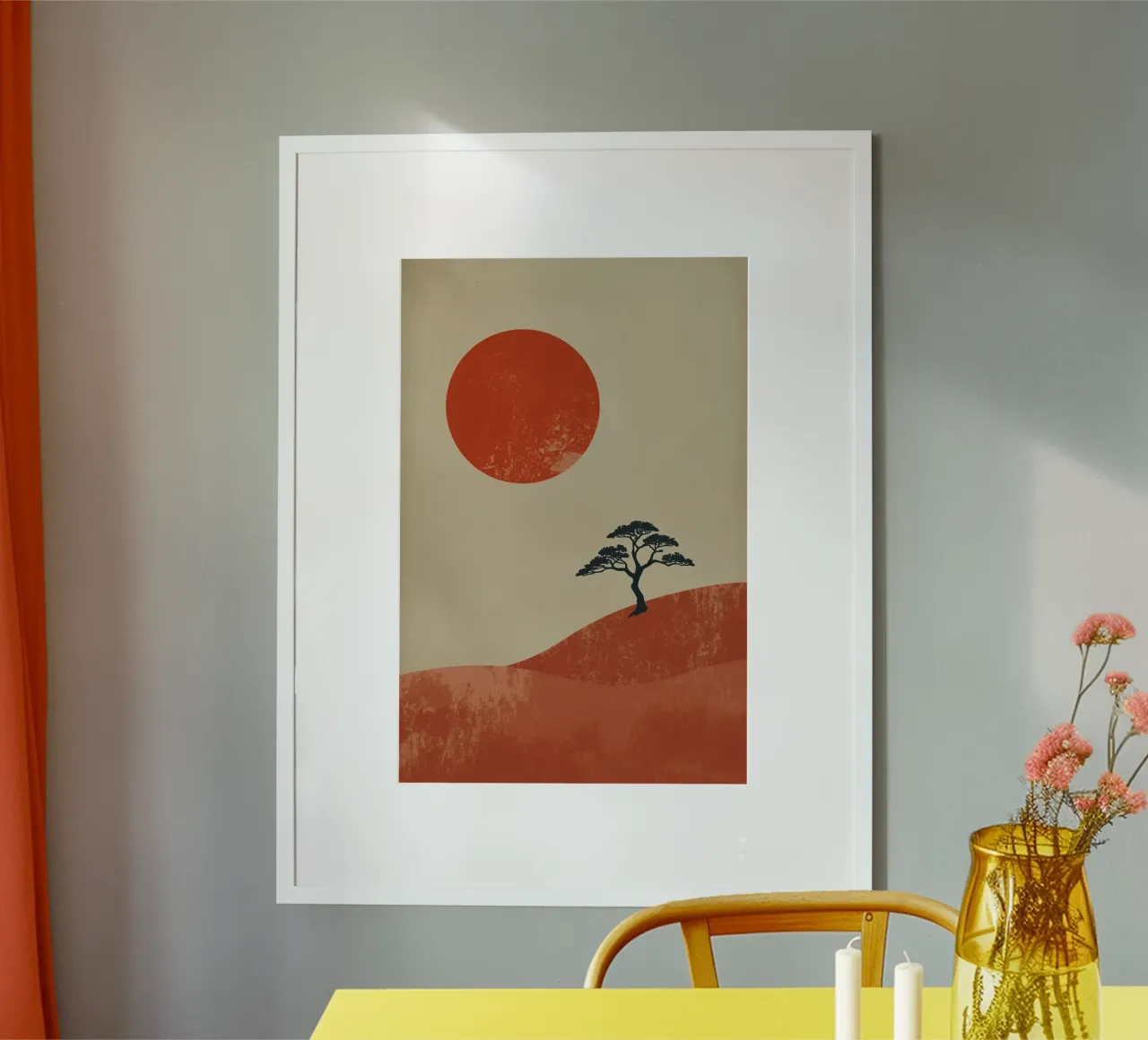 Sole rosso e albero sulle colline poster da DesignDoodle