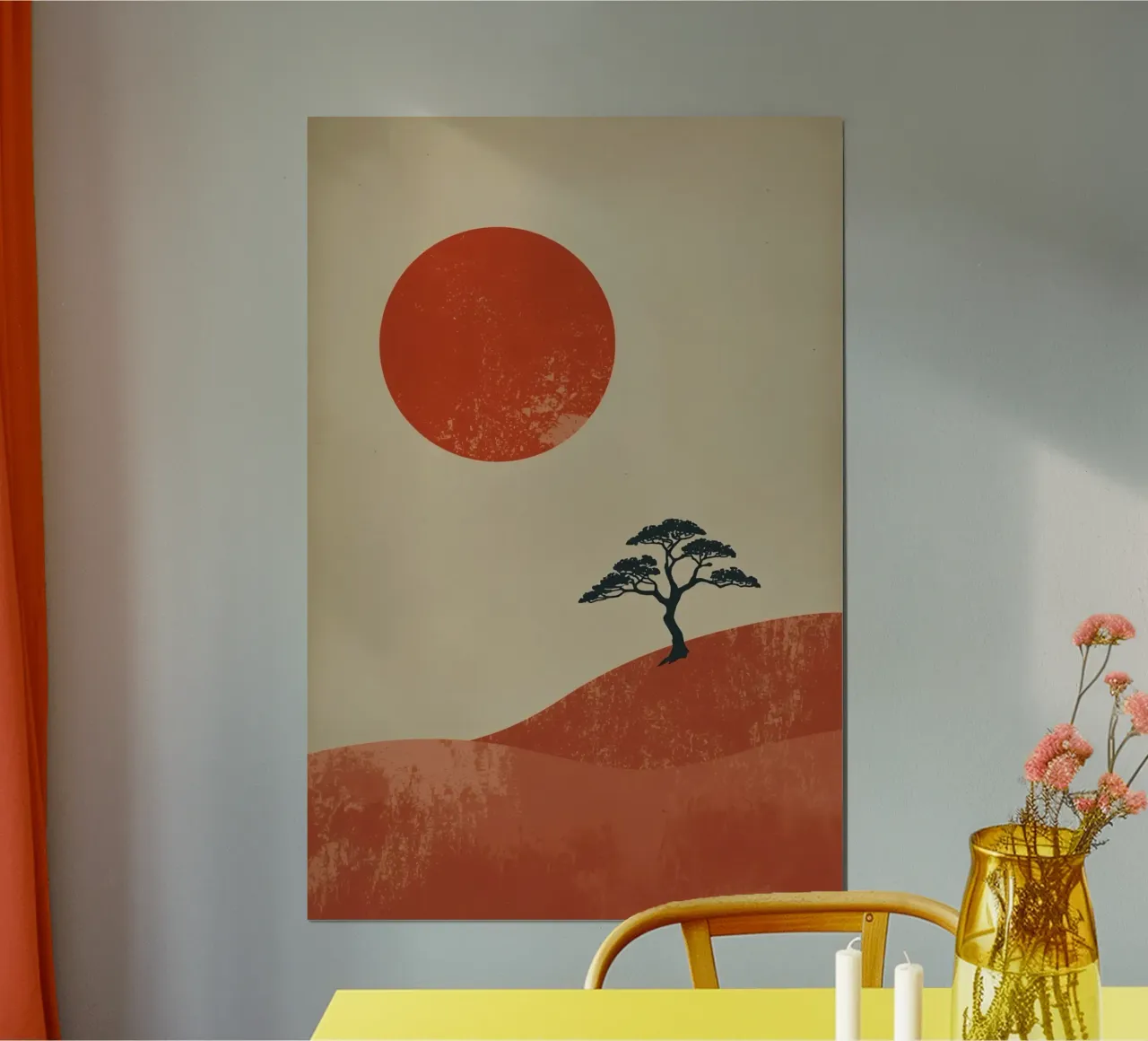 Sole rosso e albero sulle colline poster da DesignDoodle