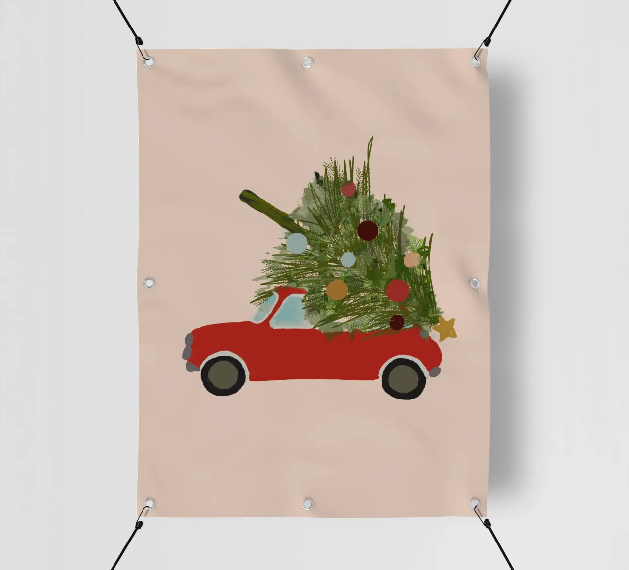 Auto natalizia retrò con albero di Natale sul tetto Rosso telo in pvc da Alisa Knöß