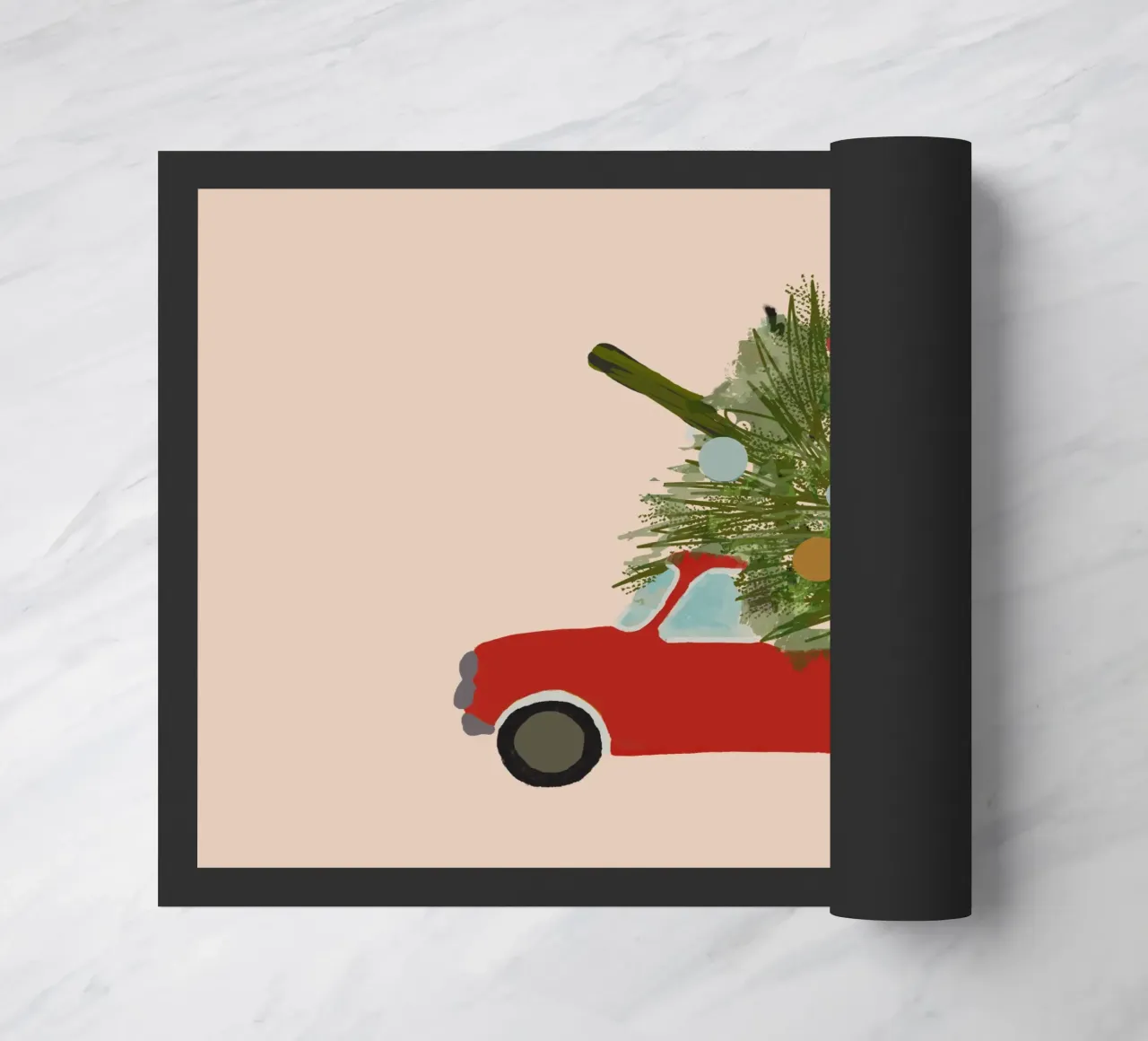 Auto natalizia retrò con albero di Natale sul tetto Rosso zerbino da Alisa Knöß
