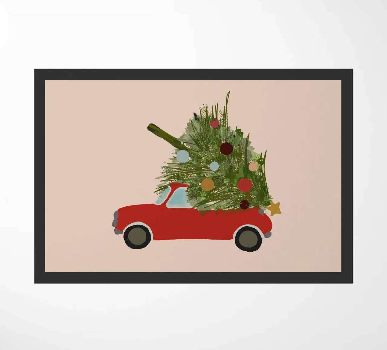 Auto natalizia retrò con albero di Natale sul tetto Rosso zerbino da Alisa Knöß
