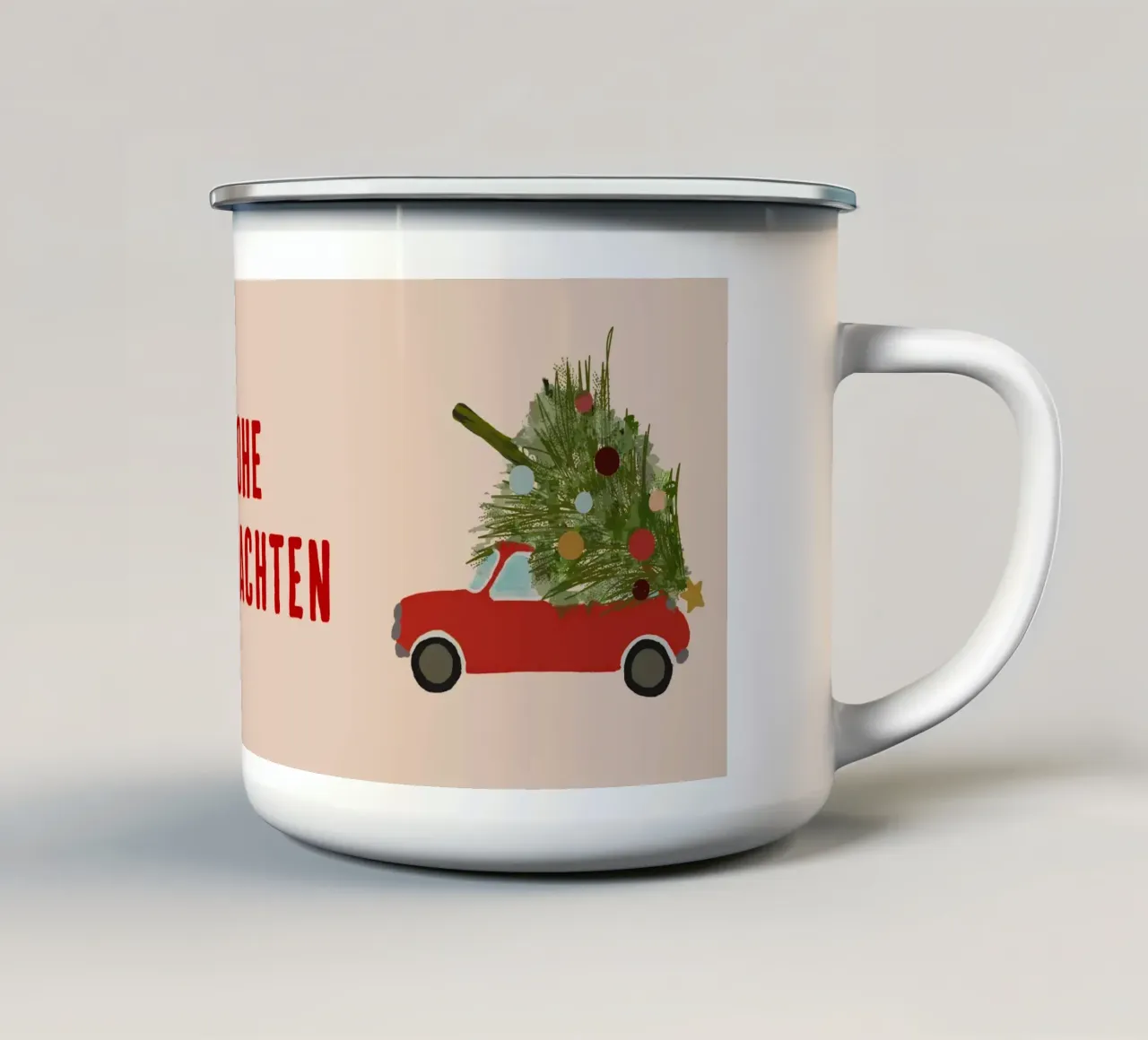 Retro Weihnachtsauto mit Weihnachtsbaum auf dem Dach Rot Emaille Tasse von Alisa Knöß
