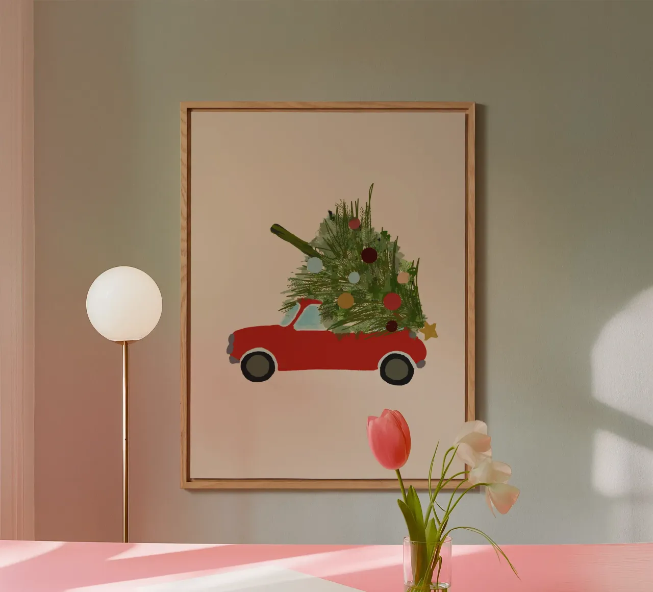 Auto natalizia retrò con albero di Natale sul tetto Rosso alluminio dibond da Alisa Knöß