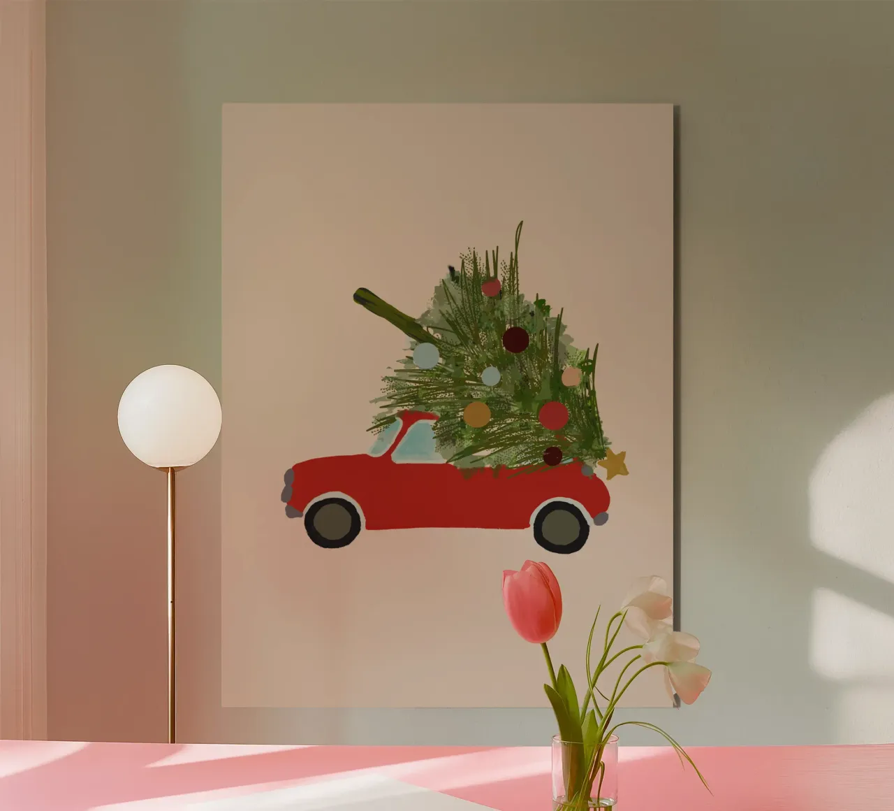 Auto natalizia retrò con albero di Natale sul tetto Rosso alluminio dibond da Alisa Knöß
