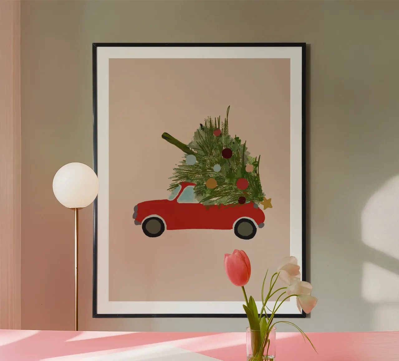 Auto natalizia retrò con albero di Natale sul tetto Rosso carta hahnemühle da Alisa Knöß