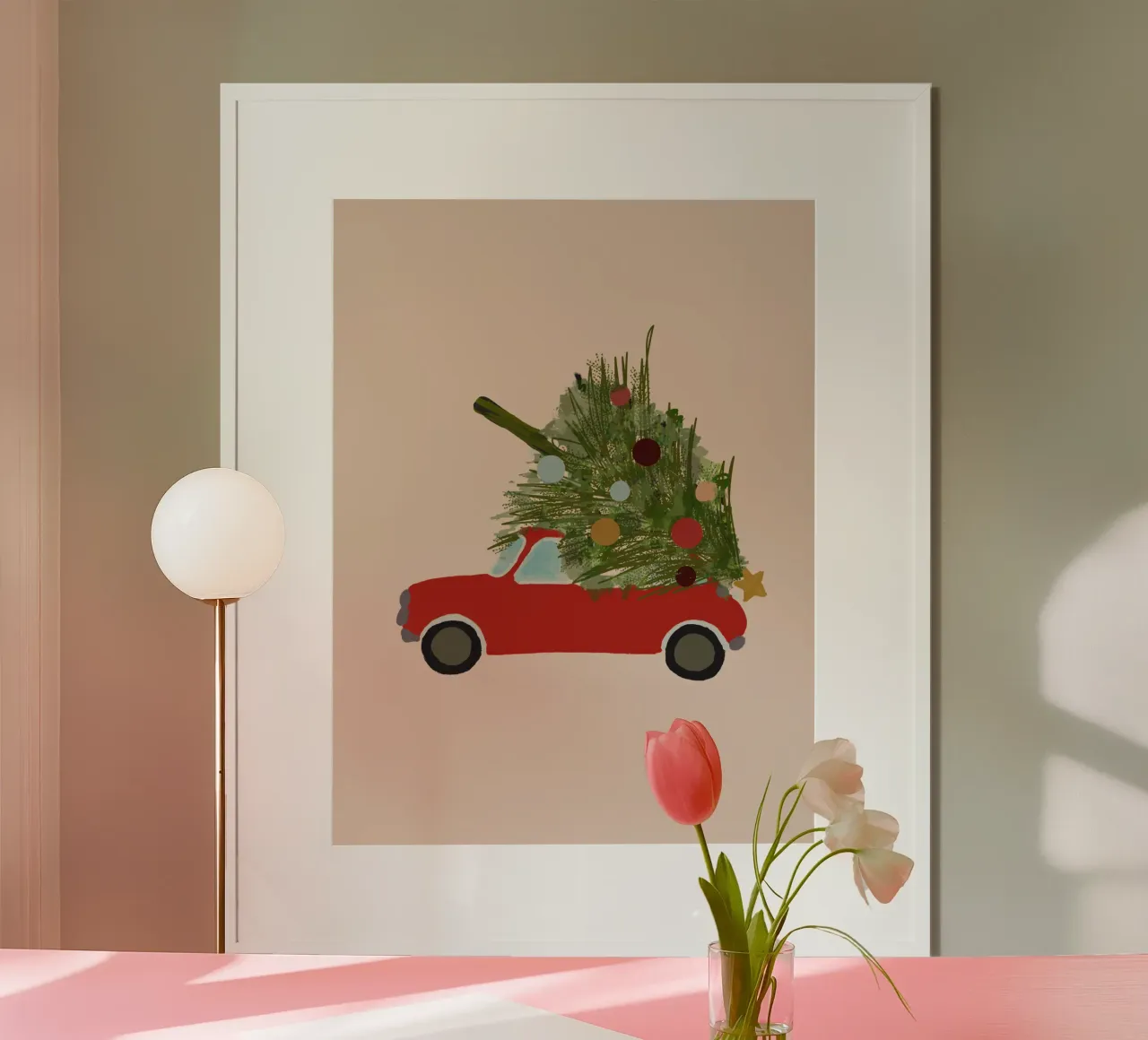 Auto natalizia retrò con albero di Natale sul tetto Rosso carta hahnemühle da Alisa Knöß