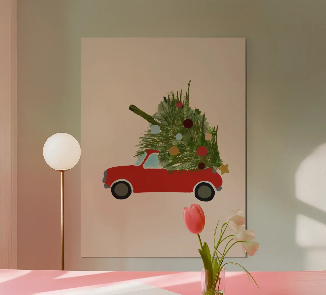 Auto natalizia retrò con albero di Natale sul tetto Rosso carta hahnemühle da Alisa Knöß