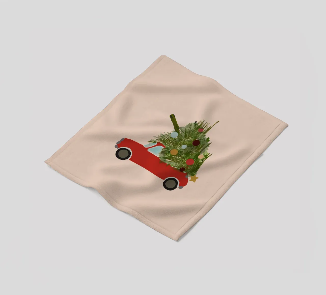 Auto natalizia retrò con albero di Natale sul tetto Rosso coperta in pile da Alisa Knöß