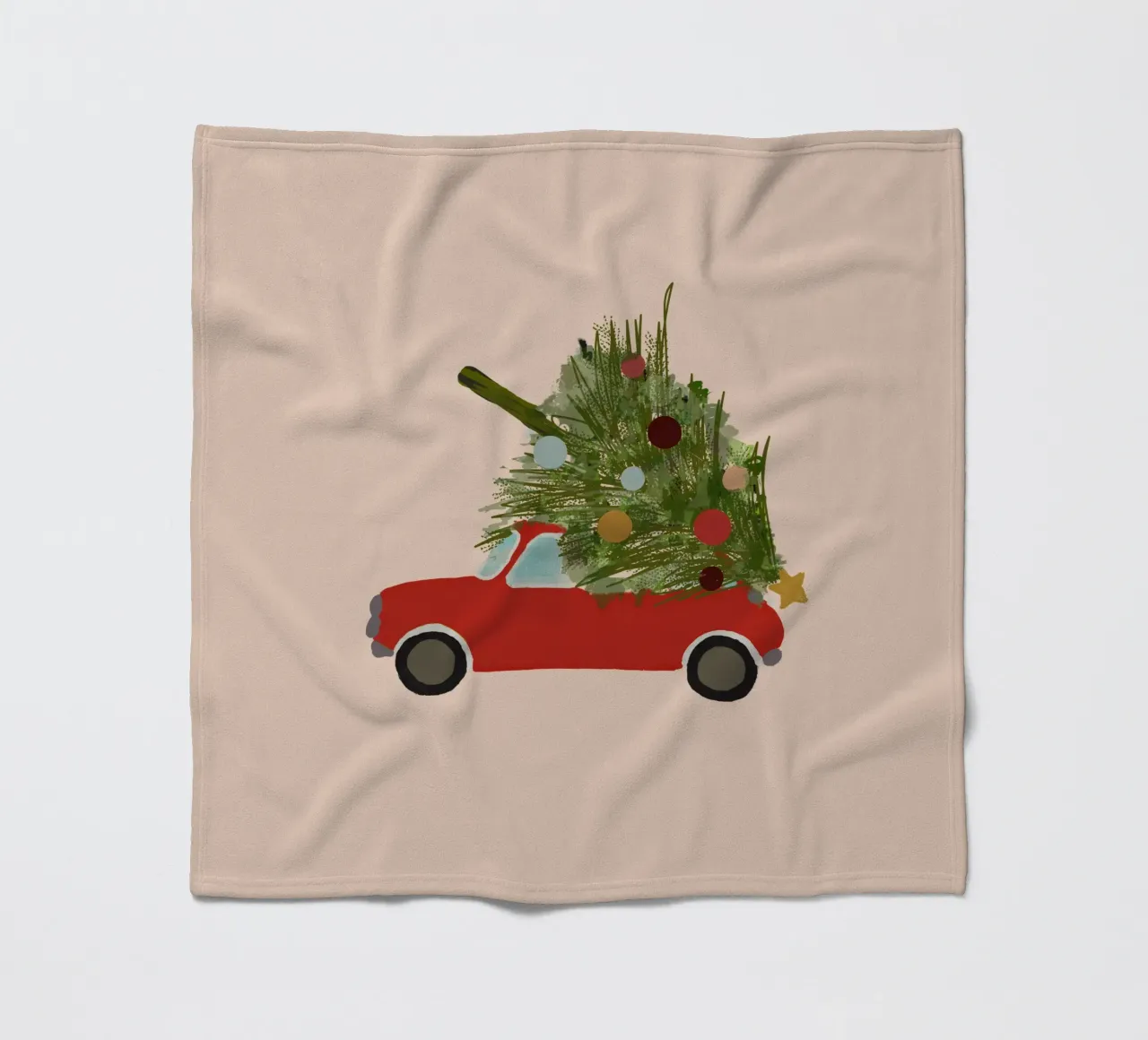 Auto natalizia retrò con albero di Natale sul tetto Rosso coperta in pile da Alisa Knöß